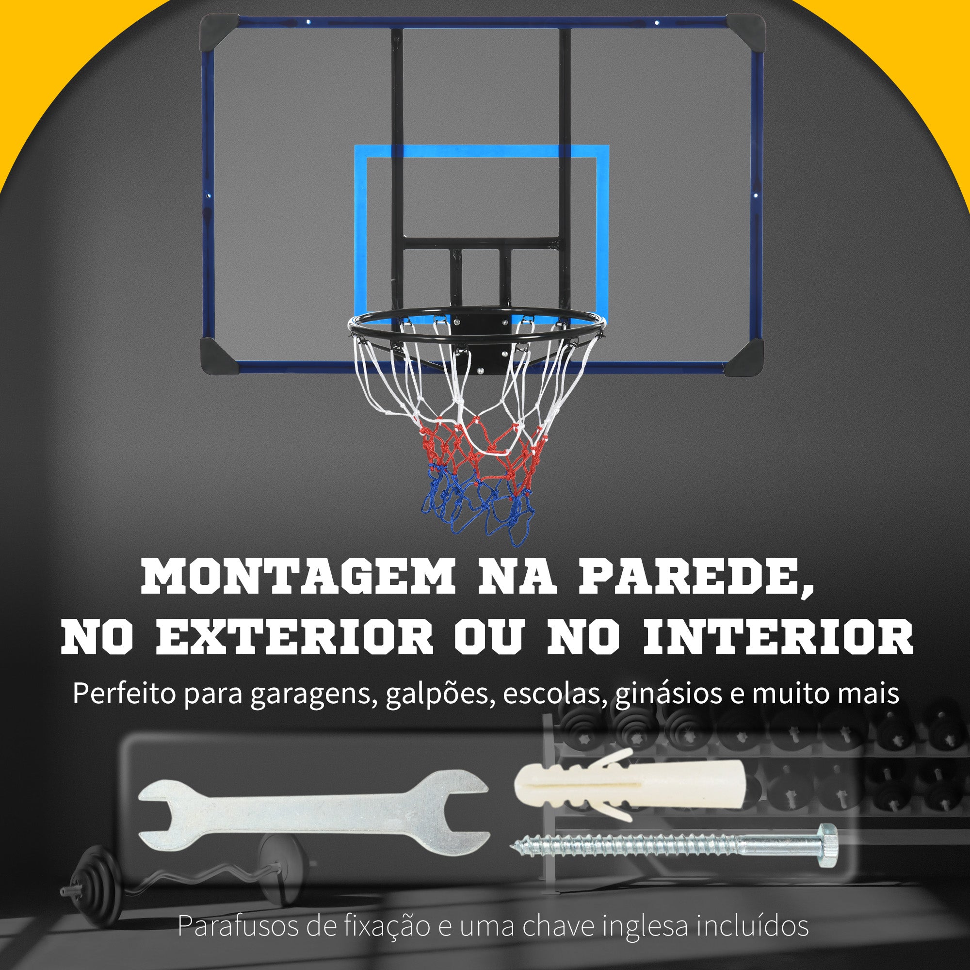 Tabela de Basquetebol de Parede – 113x61x73 cm – Preto e Azul – Aço e Policarbonato