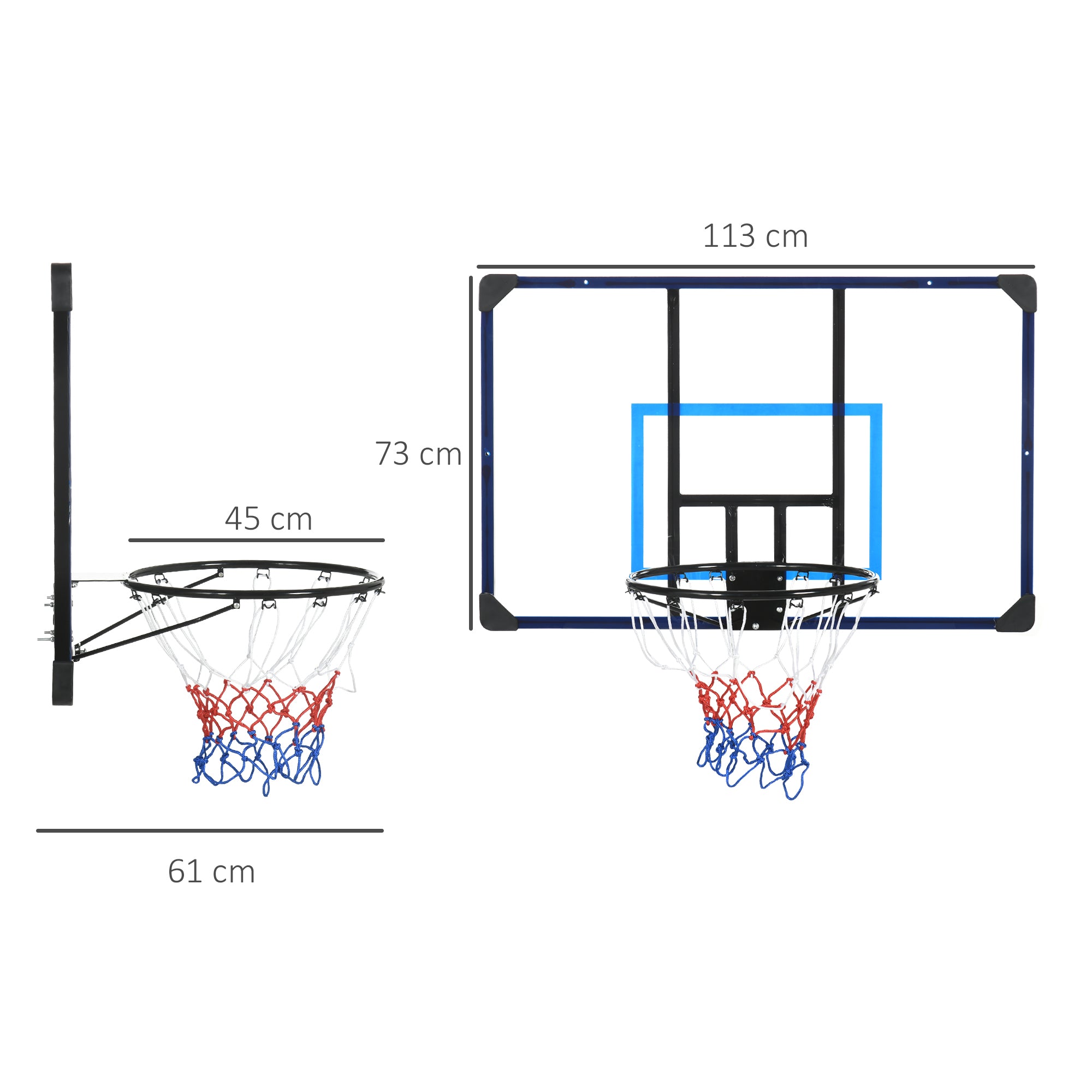 Tabela de Basquetebol de Parede – 113x61x73 cm – Preto e Azul – Aço e Policarbonato