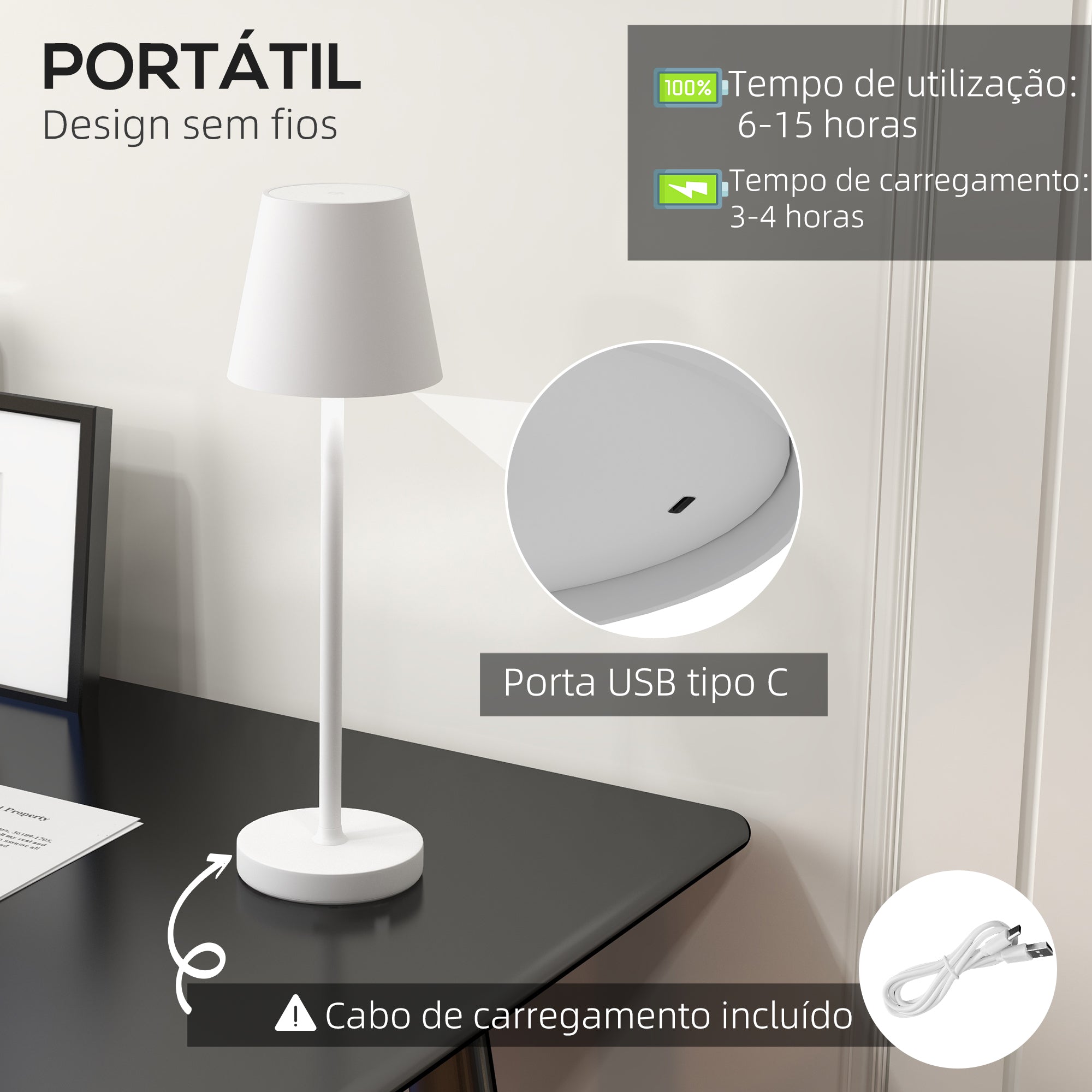 Candeeiro de Mesa LED Recarregável USB-C Ø11,2x36,5 cm - Branco