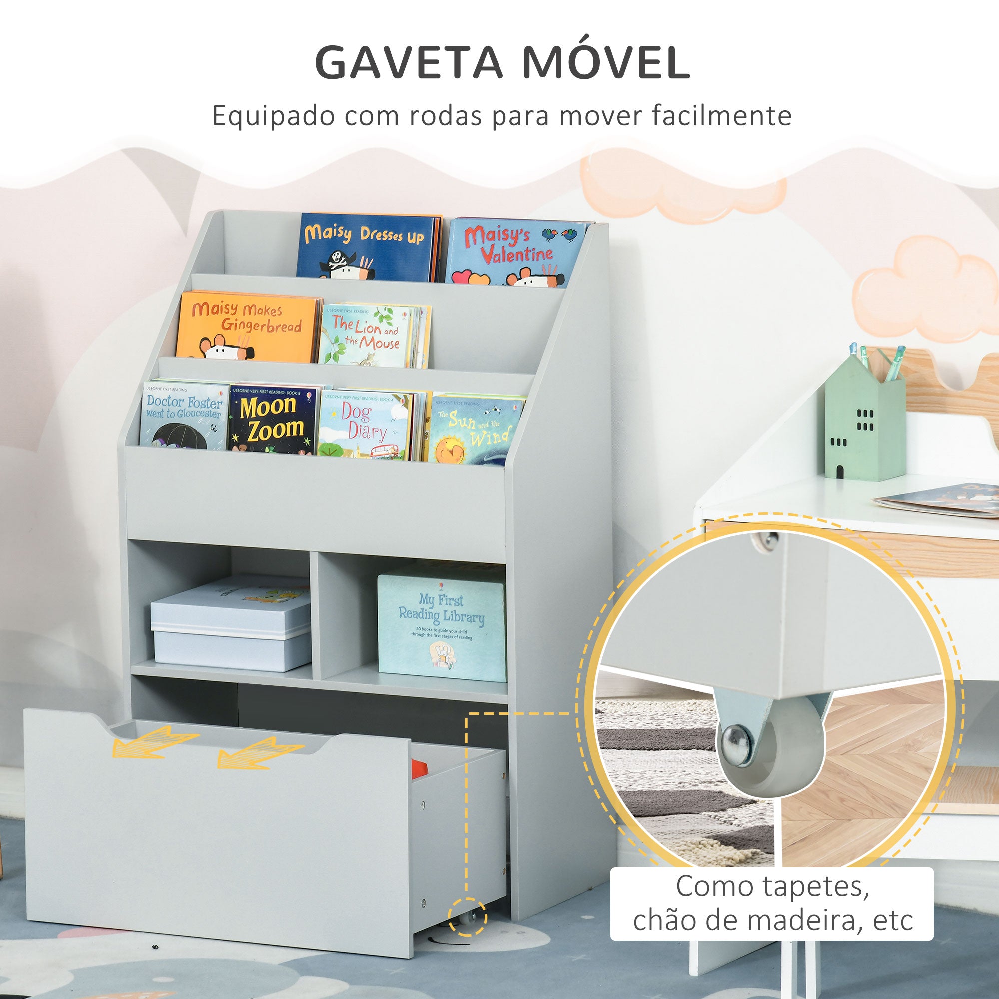 Estante de Brinquedos com Gaveta Móvel – 60x29,9x90cm – Cinza – MDF