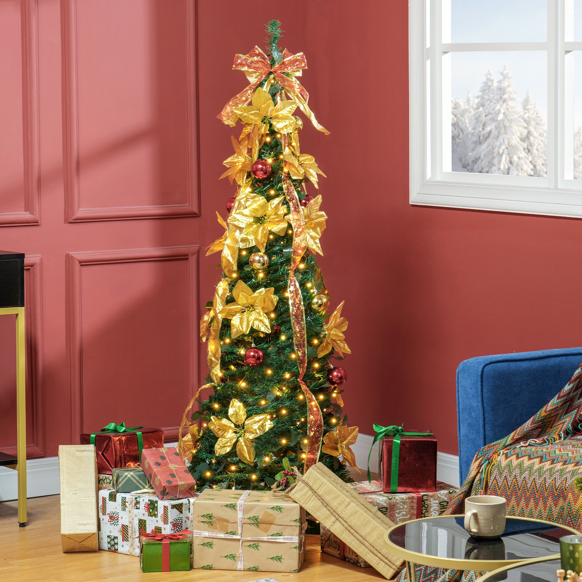 Árvore de Natal Artificial 180 cm Verde LED e Decorações Ø60x180 cm