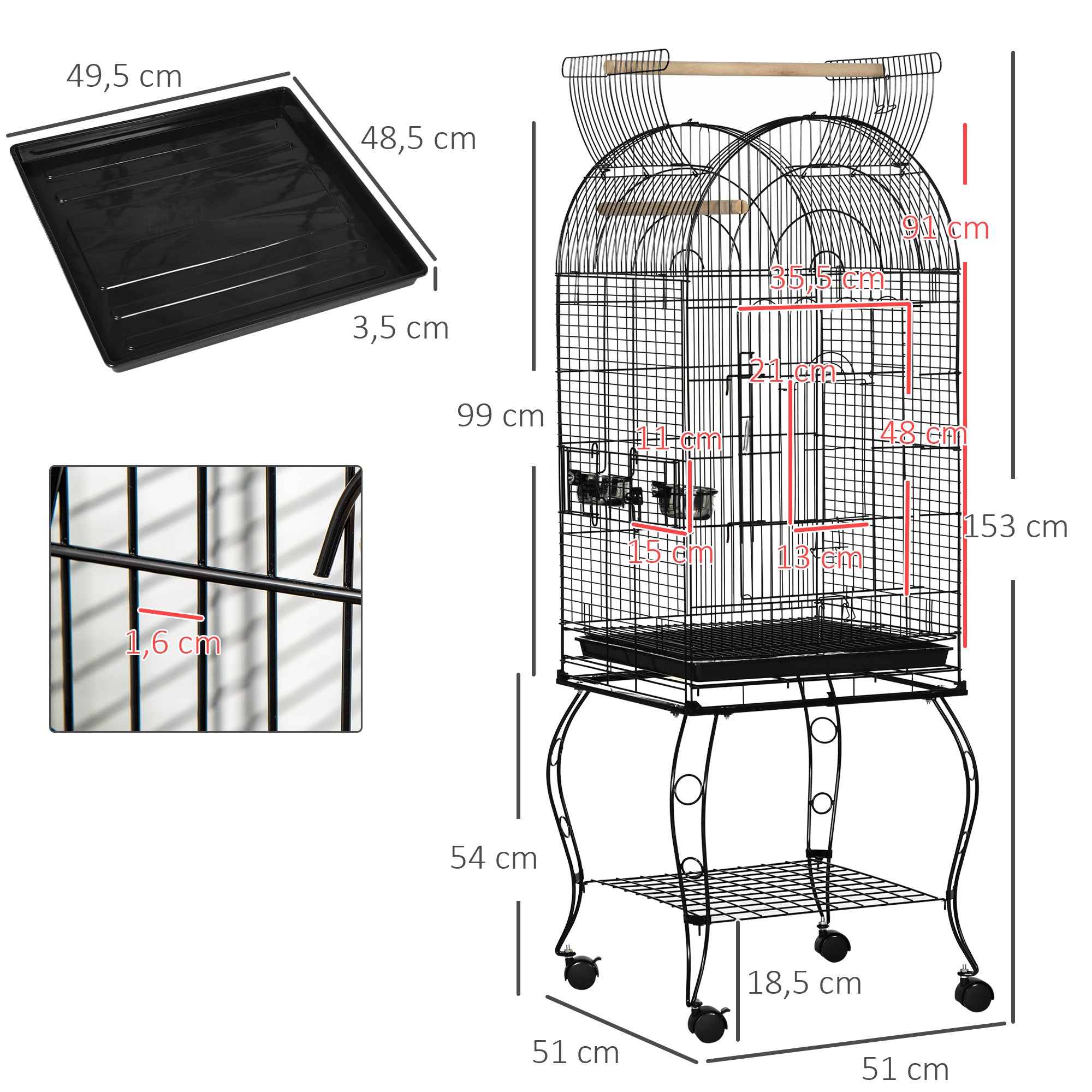 Gaiola Grande de Metal para Pássaros – 51x51x153 cm – Cor Preto