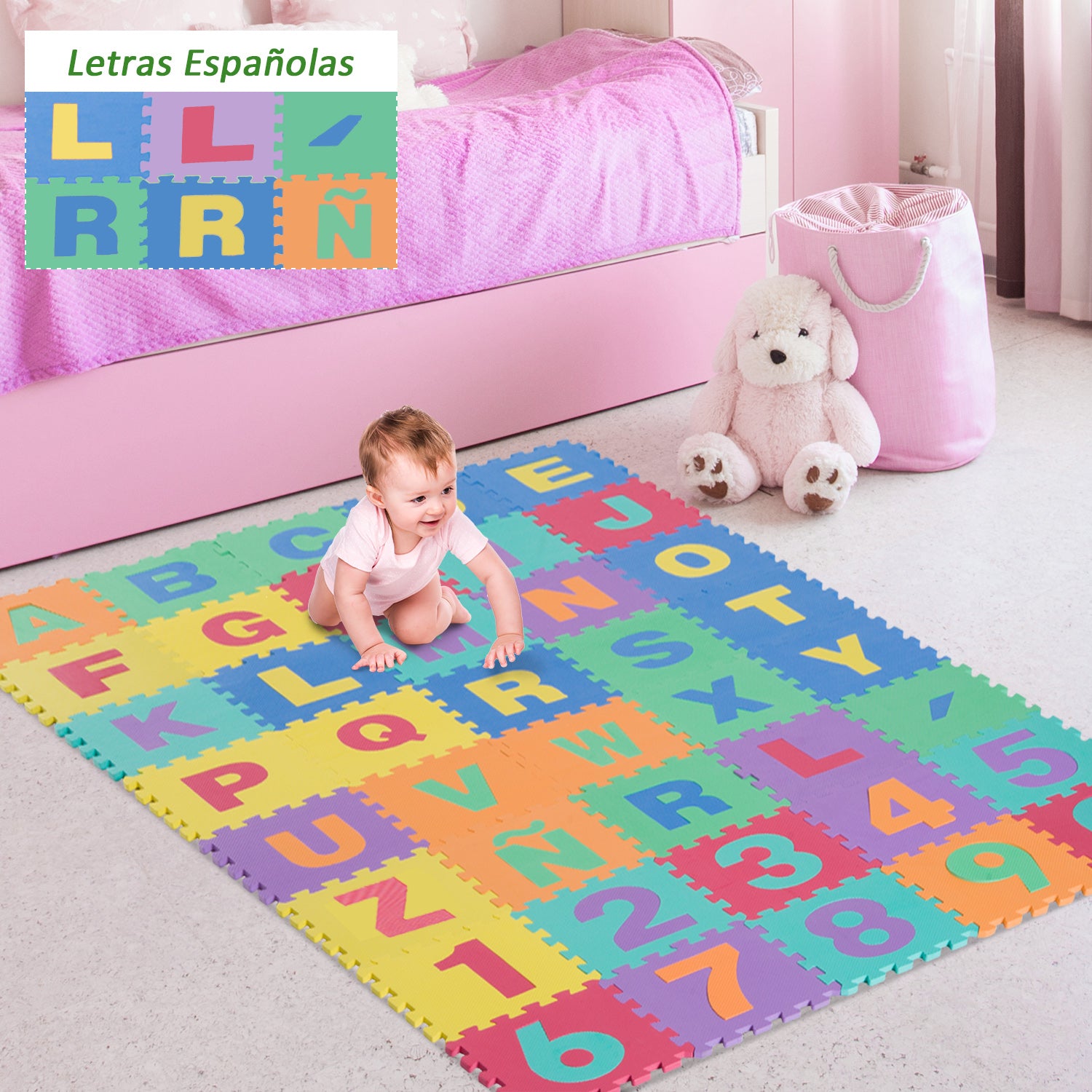 Tapete Puzzle para Crianças 3,6 m2 Letras do Alfabeto e Números 0-9 - Borracha Espuma EVA - Multicolor