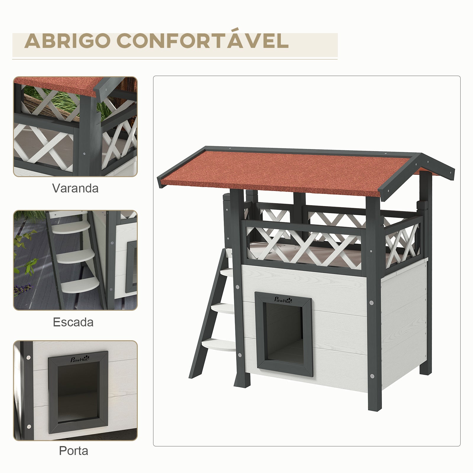 Casa para Gatos de Madeira Branca 77x50x73cm com Níveis e Terraço