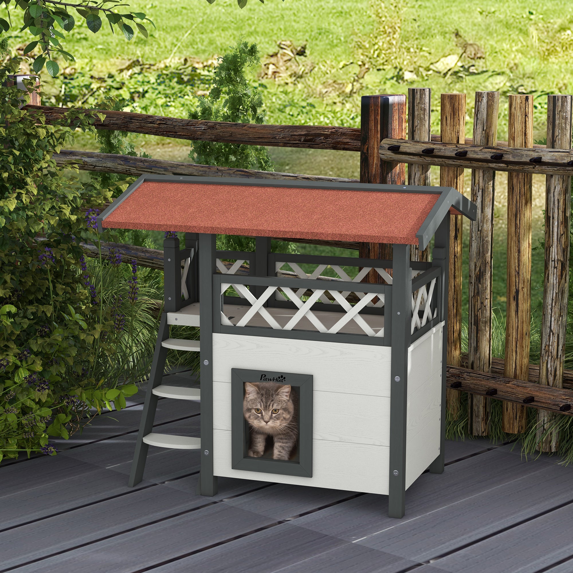 Casa para Gatos de Madeira Branca 77x50x73cm com Níveis e Terraço