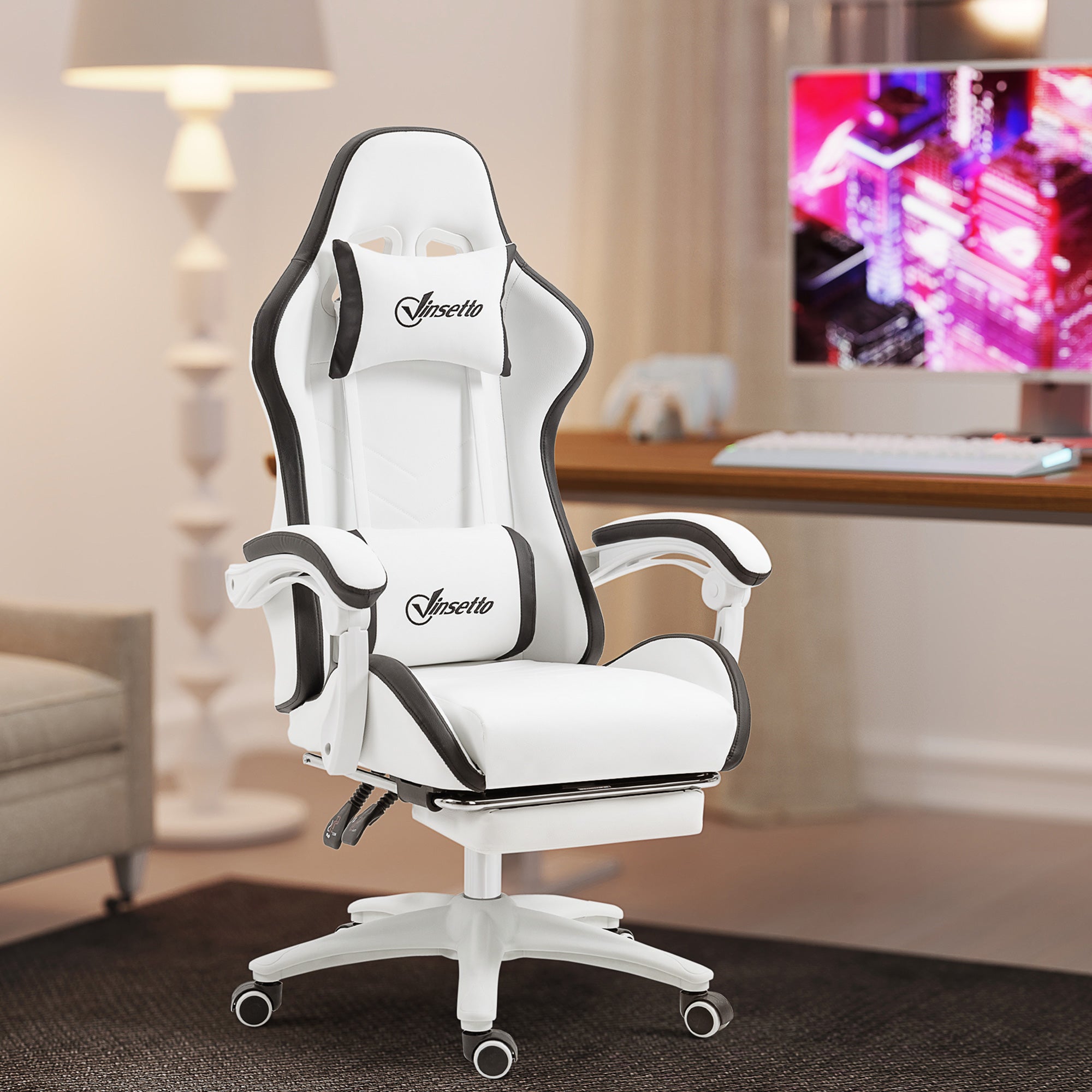 Cadeira Gaming Racing de Couro PU Branco e Preto 65x65x129 cm