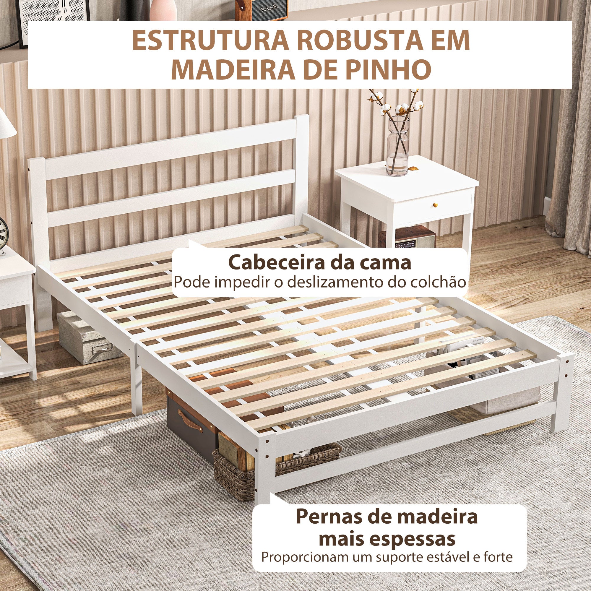 Estrutura de Cama de Madeira Branca para Colchão 190x135 cm - 195x141x80 cm