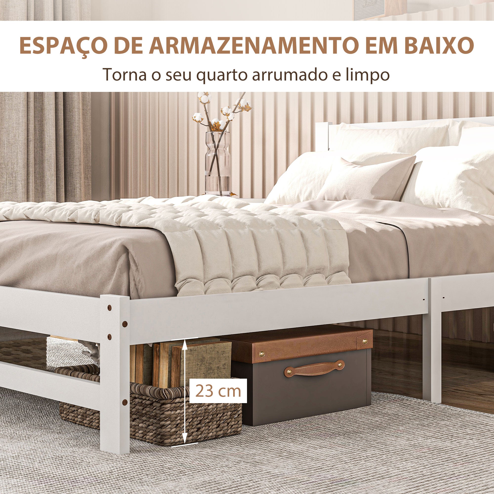 Estrutura de Cama de Madeira Branca para Colchão 190x135 cm - 195x141x80 cm
