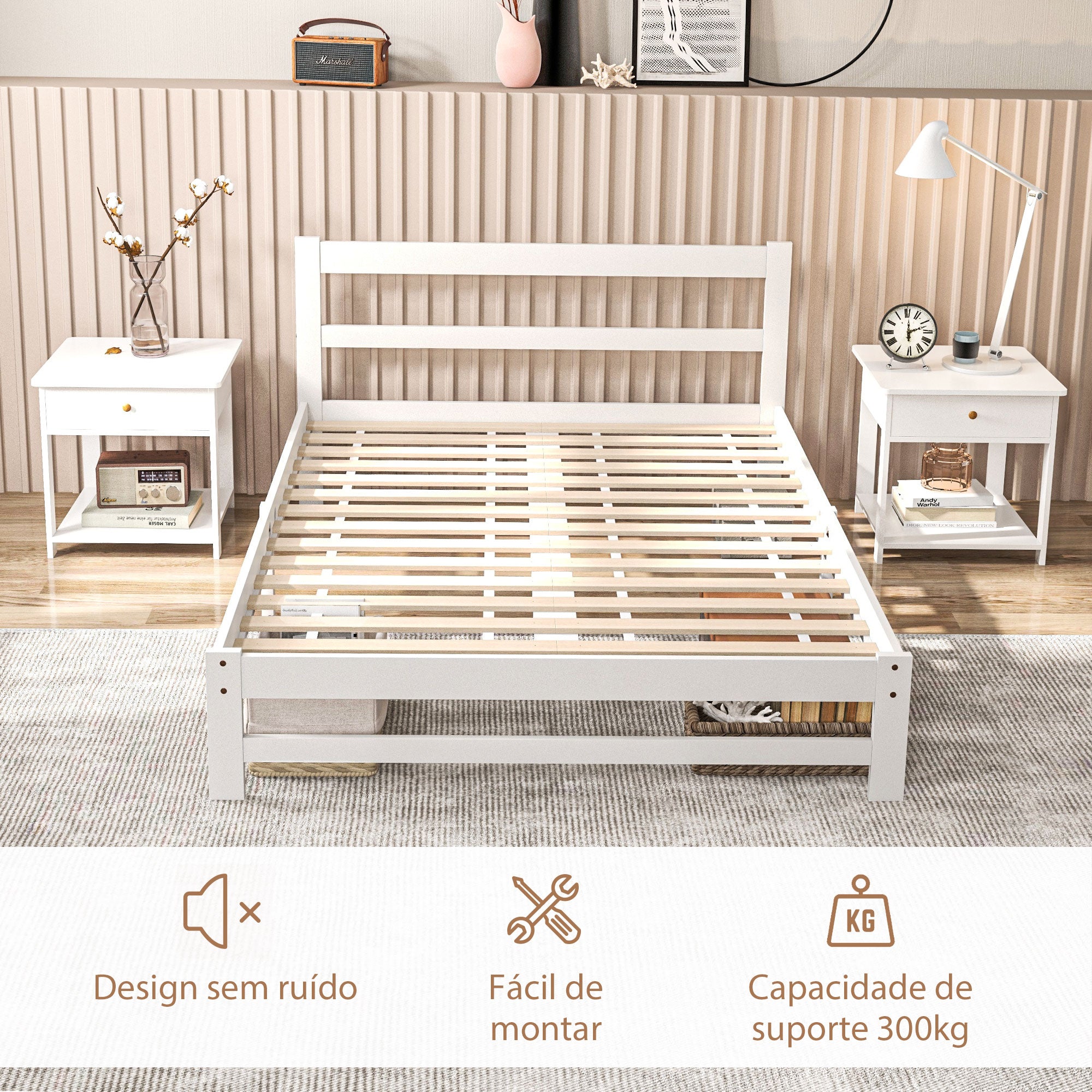 Estrutura de Cama de Madeira Branca para Colchão 190x135 cm - 195x141x80 cm