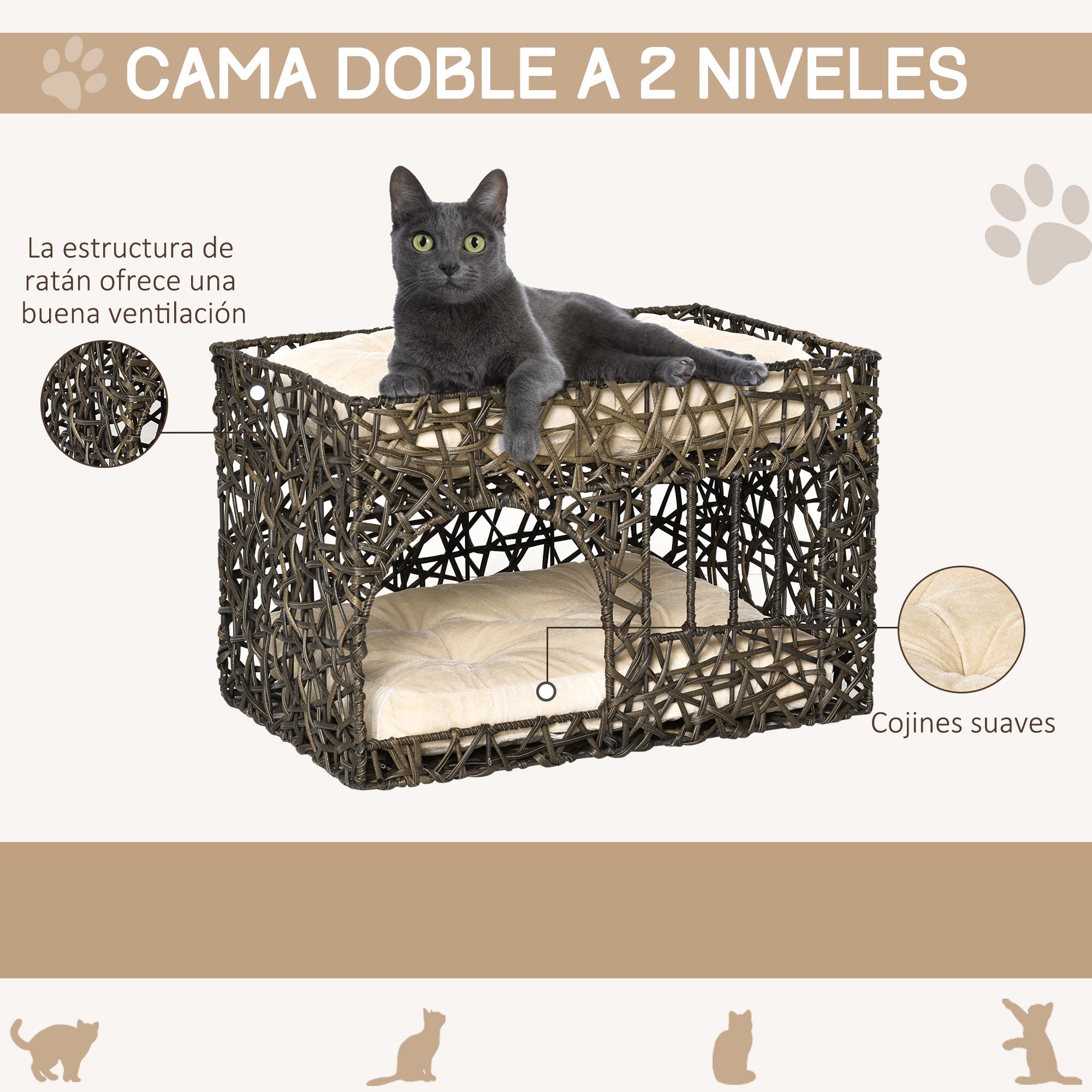 Cama de Vime para Gatos de 2 Alturas 56x41x45cm - Café Escuro