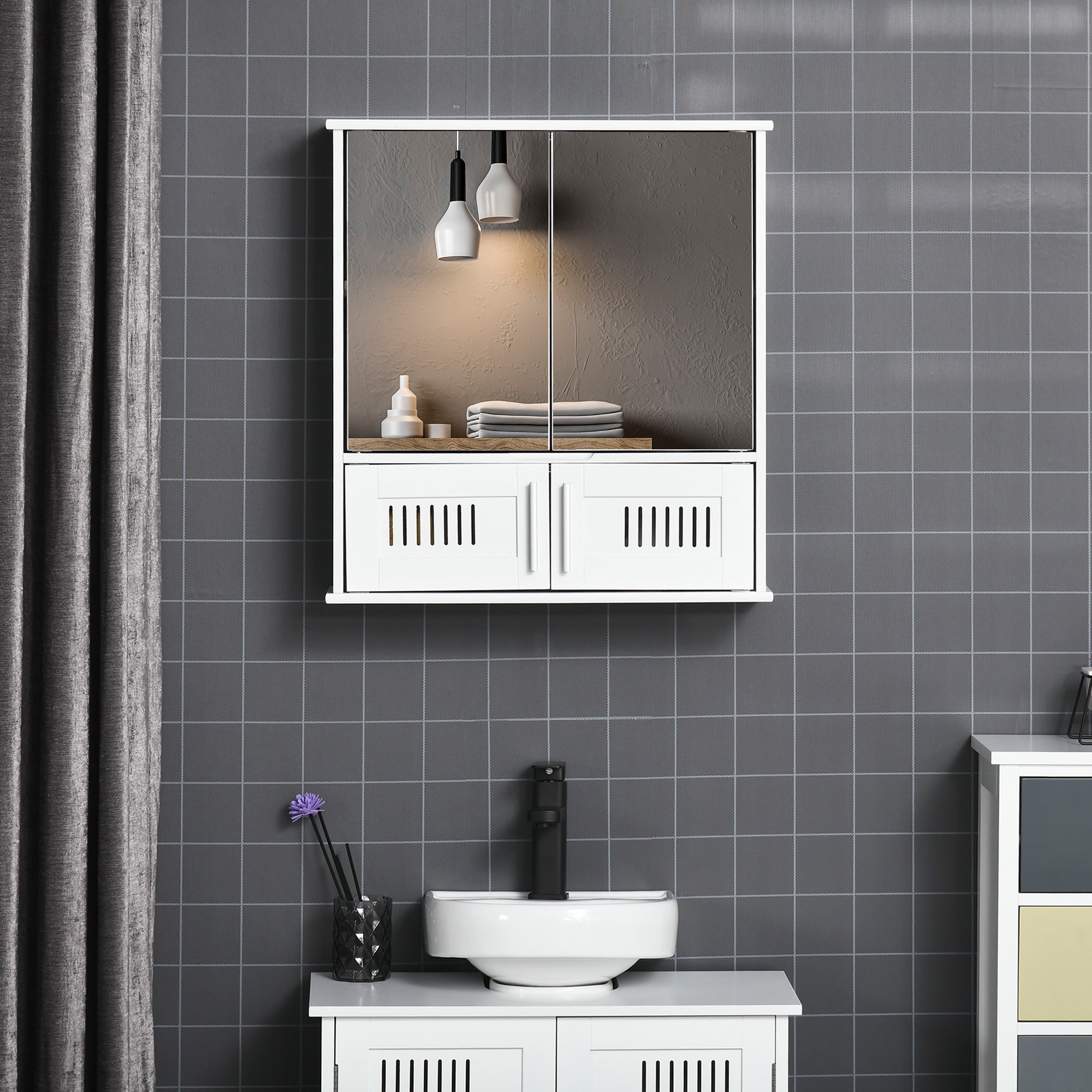 Armário de Casa de Banho com Espelho de Parede 55x17.5x60cm Branco