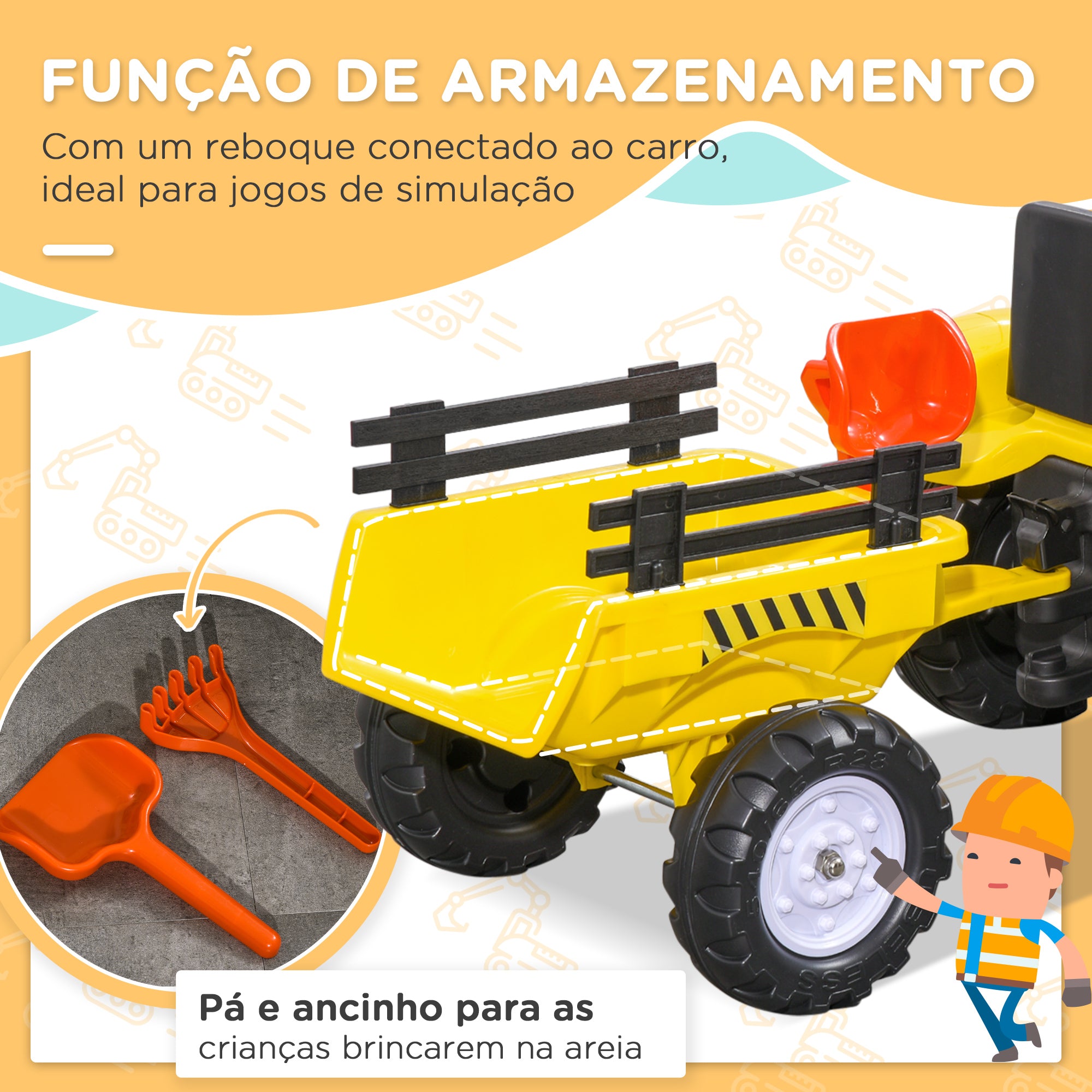 Trator a Pedais para Crianças - Amarelo e Preto - 133x42x51 cm
