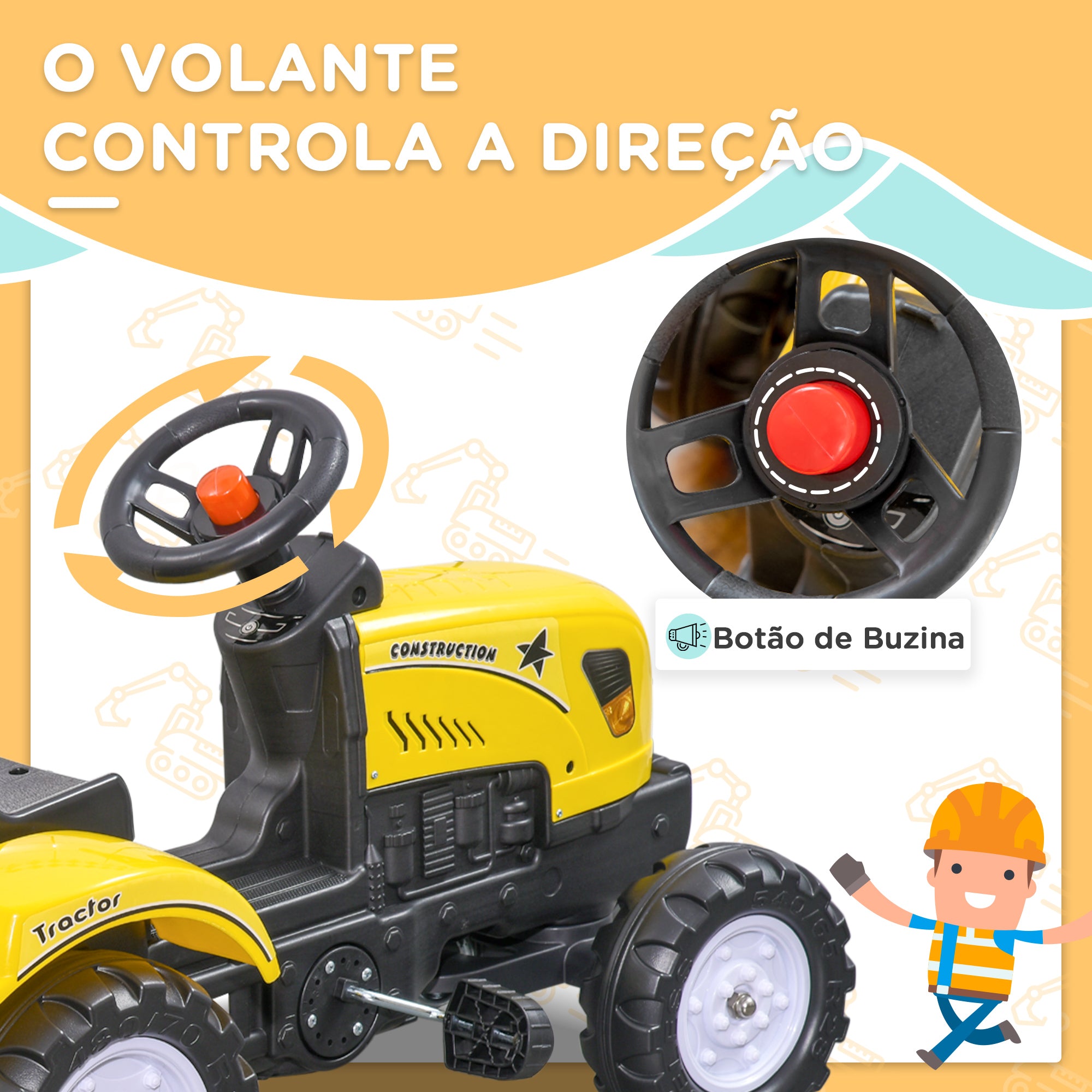Trator a Pedais para Crianças - Amarelo e Preto - 133x42x51 cm