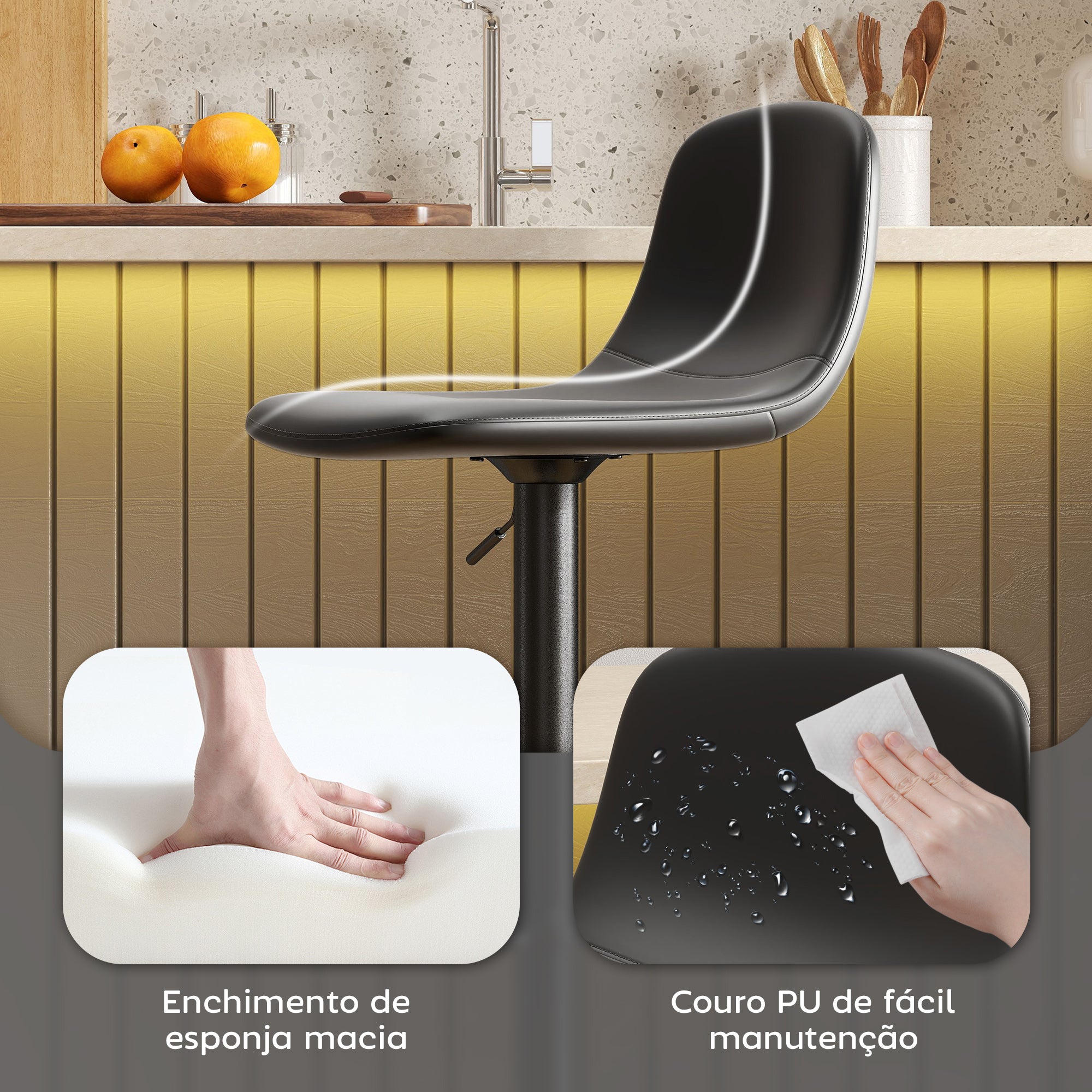 Conjunto de 2 Bancos Altos de Cozinha Reguláveis em Altura 84-104 cm Preto