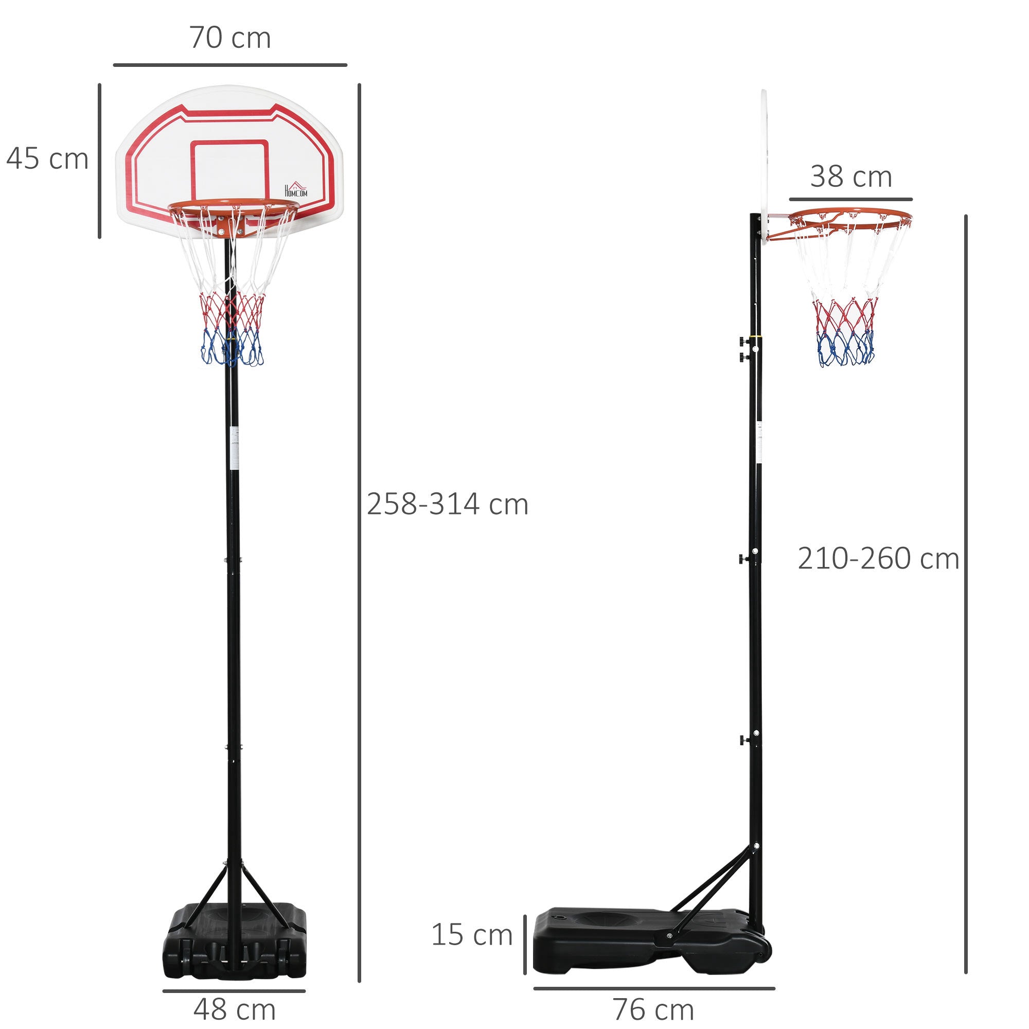 Tabela de Basquetebol com Altura Ajustável 70x45x258-314 cm Cor Branco, Preto e Vermelho