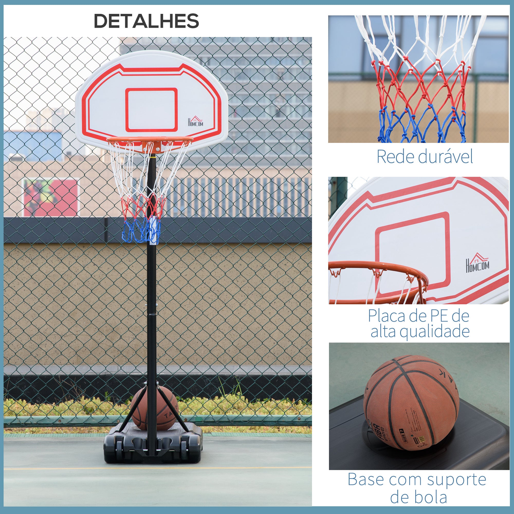 Tabela de Basquetebol com Altura Ajustável 70x45x258-314 cm Cor Branco, Preto e Vermelho