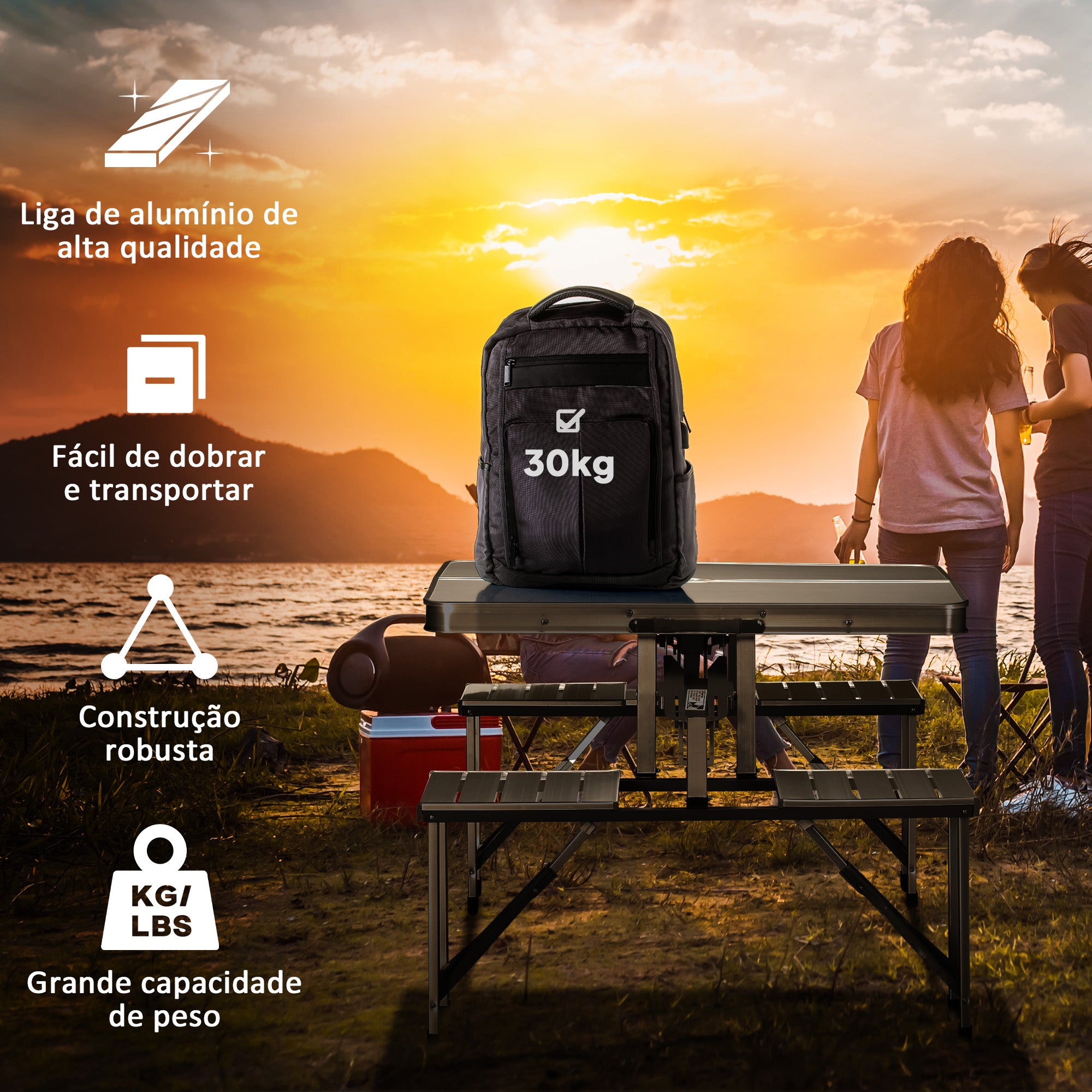 Mesa de Campismo Dobrável 136x85,5x66 cm - Prata