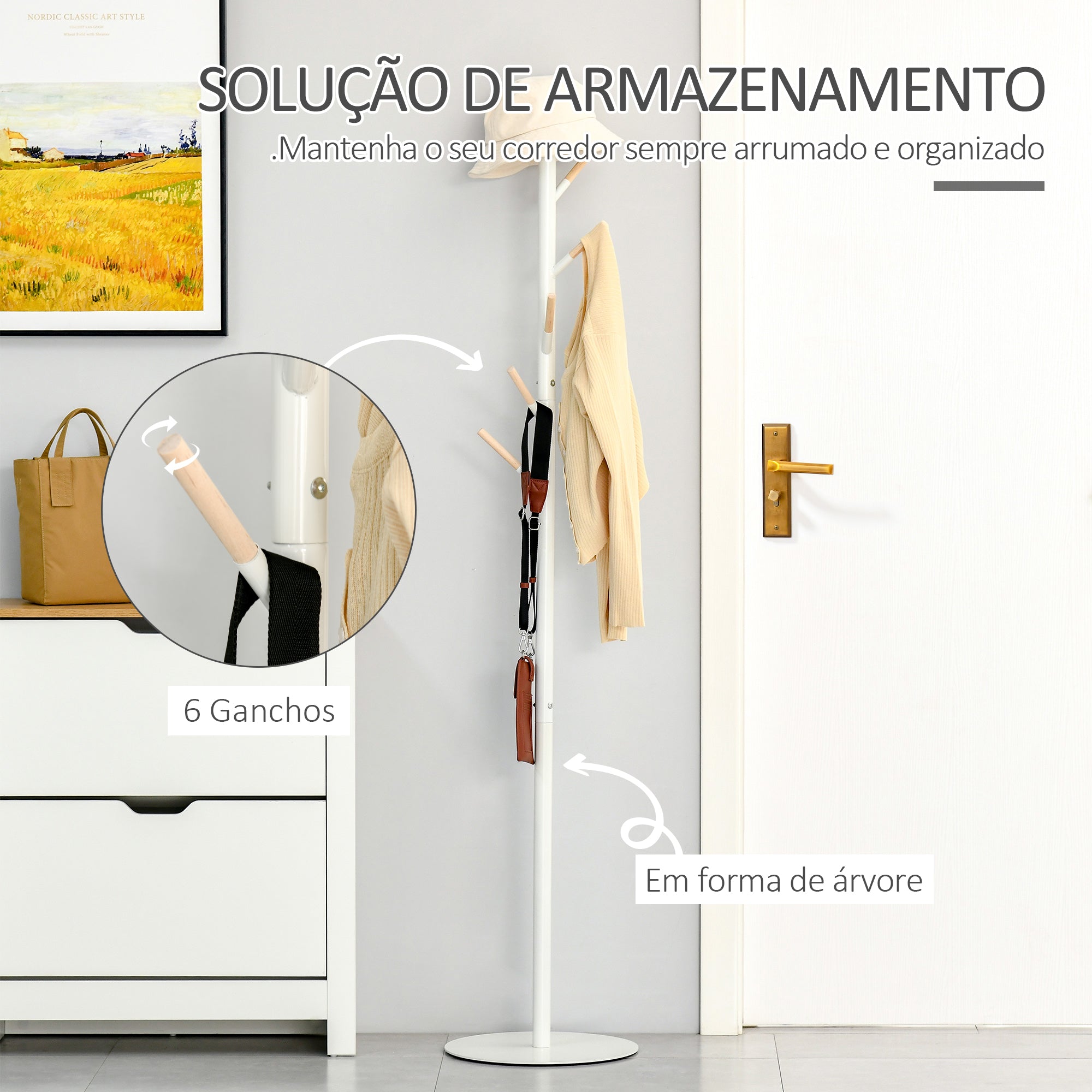 Cabide de Pé com 6 Ganchos 35x35x174cm Branco