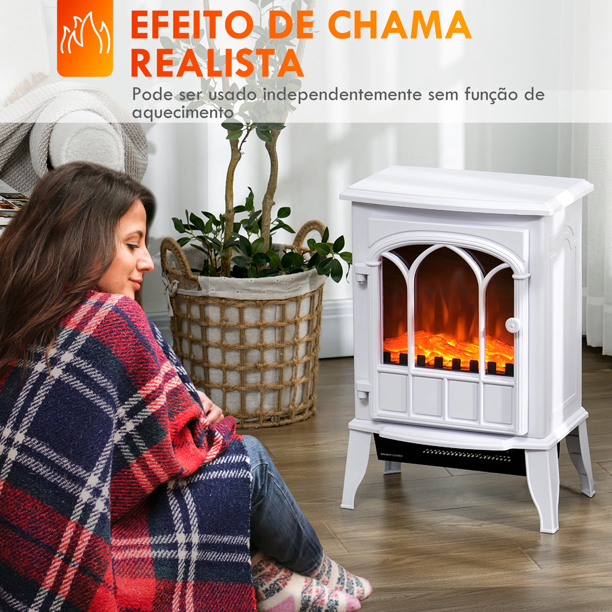 Lareira Elétrica Portátil – 39x23x56,5 cm – Branca – Aço, Plástico e Vidro Temperado