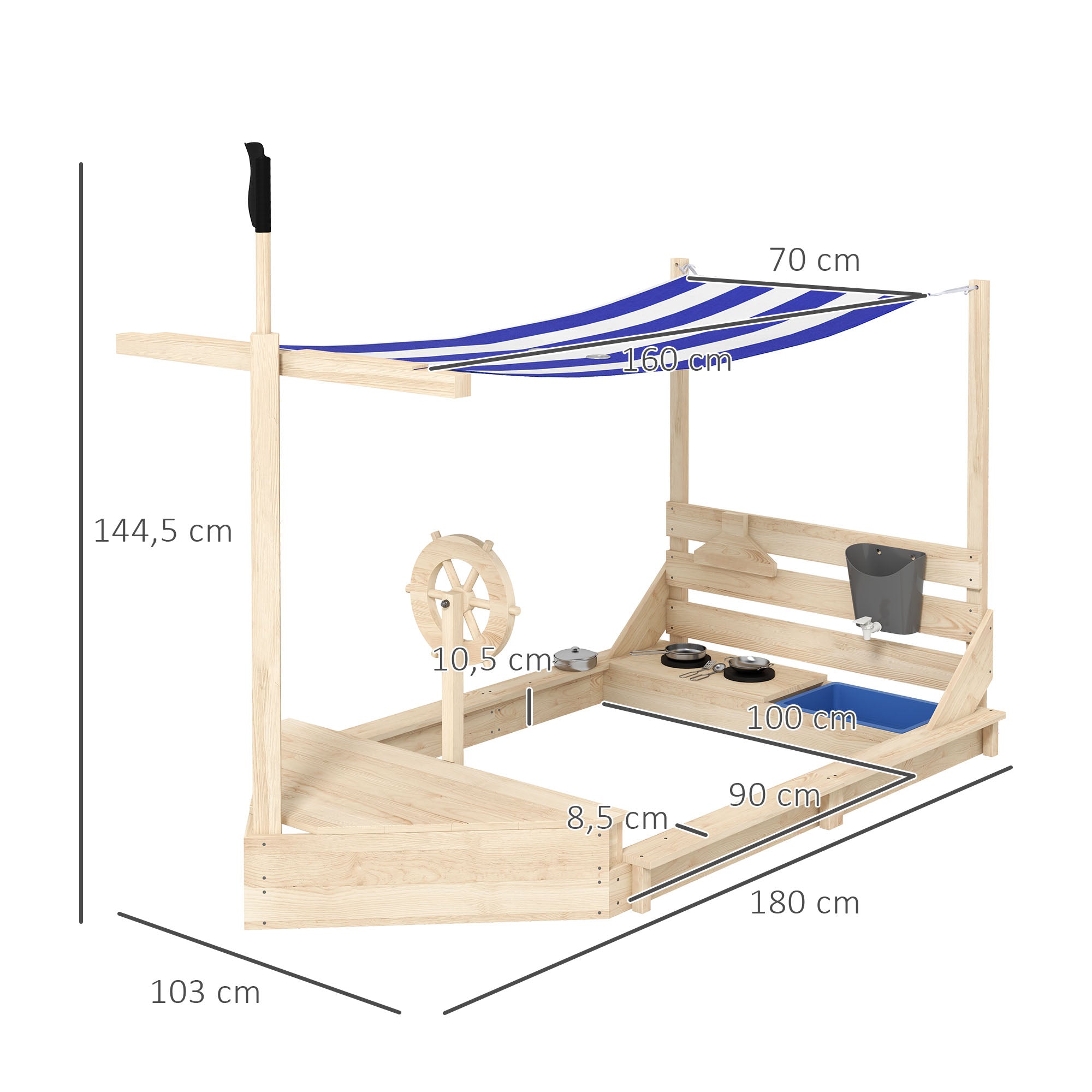 Caixa de Areia Infantil de Madeira Natural 180x103x144,5 cm