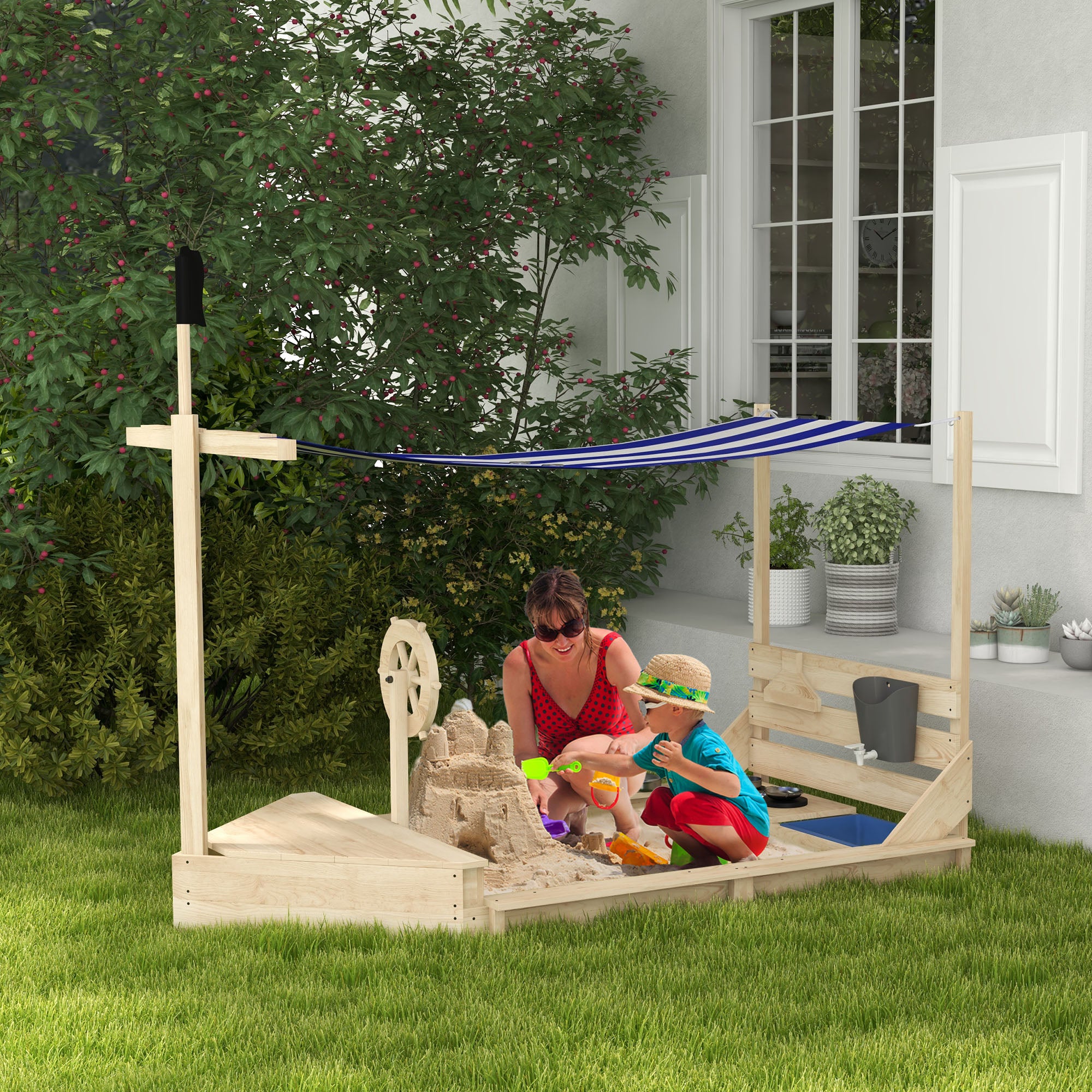 Caixa de Areia Infantil de Madeira Natural 180x103x144,5 cm