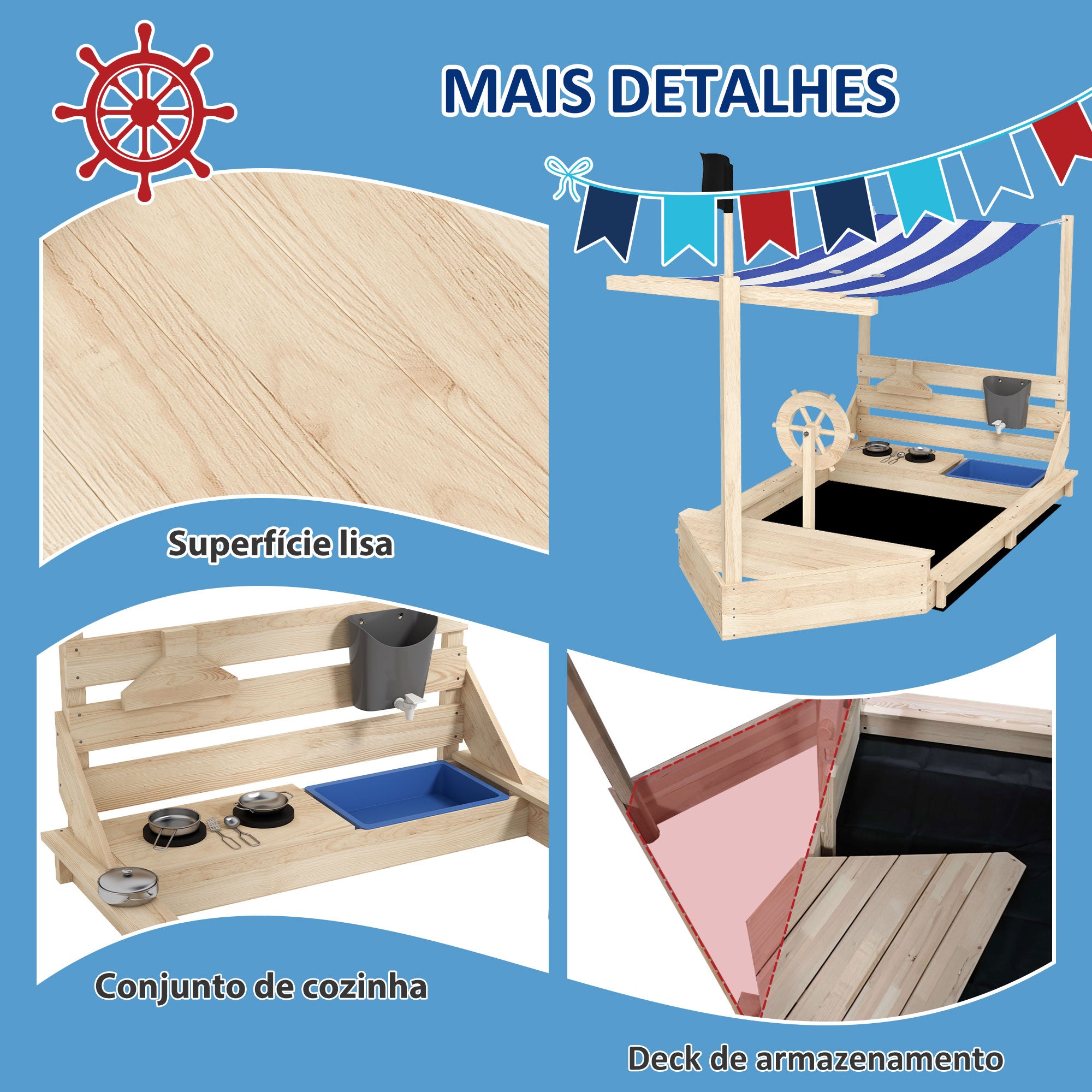 Caixa de Areia Infantil de Madeira Natural 180x103x144,5 cm