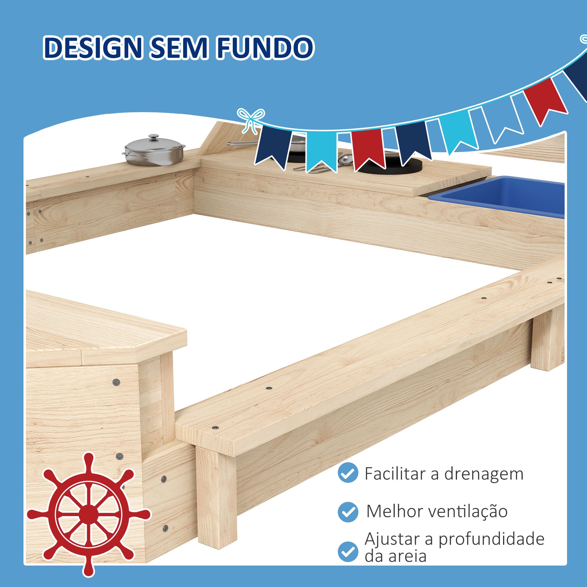 Caixa de Areia Infantil de Madeira Natural 180x103x144,5 cm