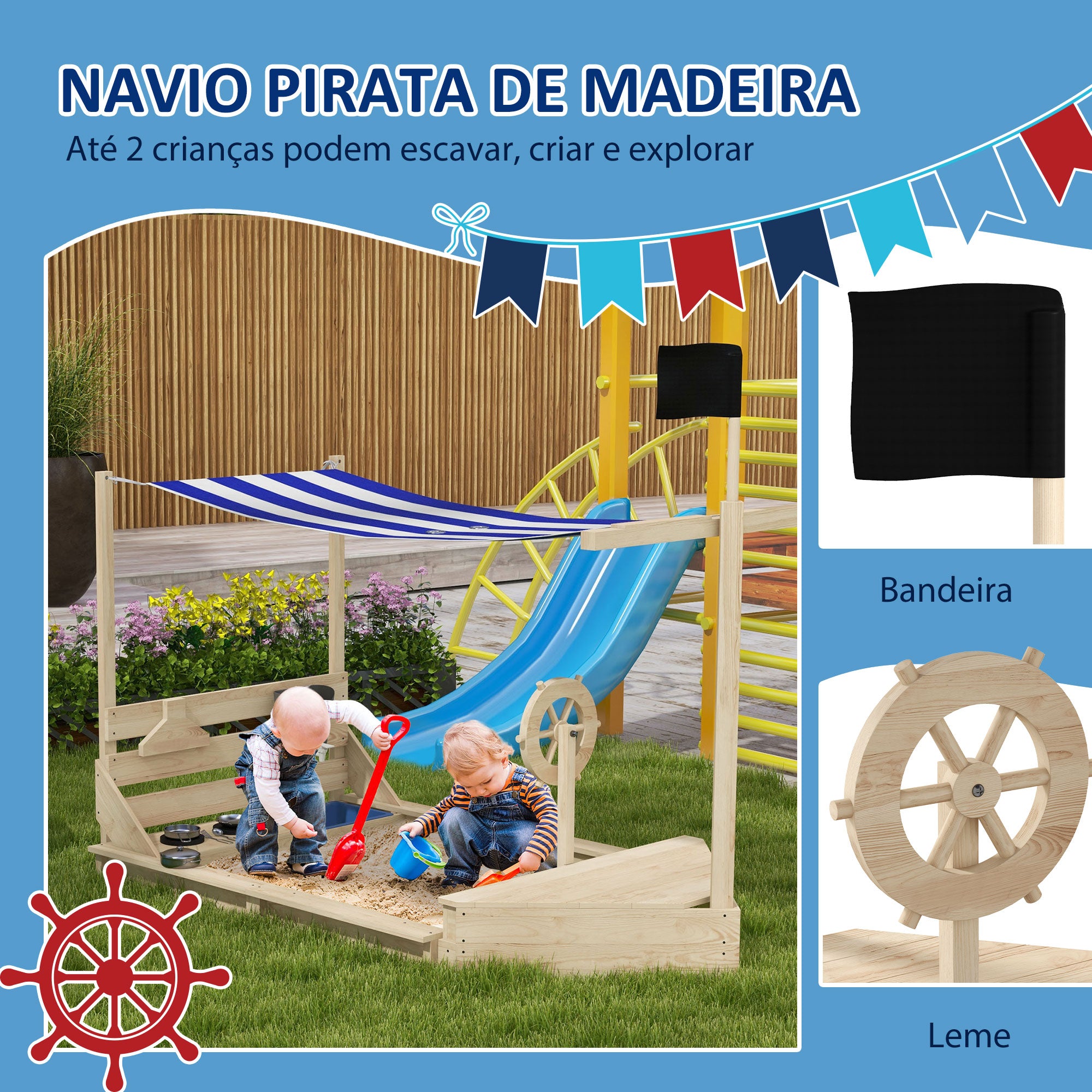 Caixa de Areia Infantil de Madeira Natural 180x103x144,5 cm