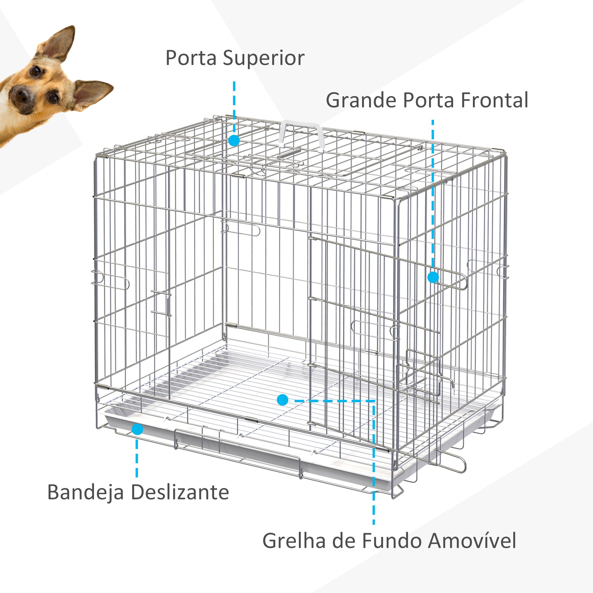 Gaiola Metálica 61x43x50 cm Prata e Branco para Cães