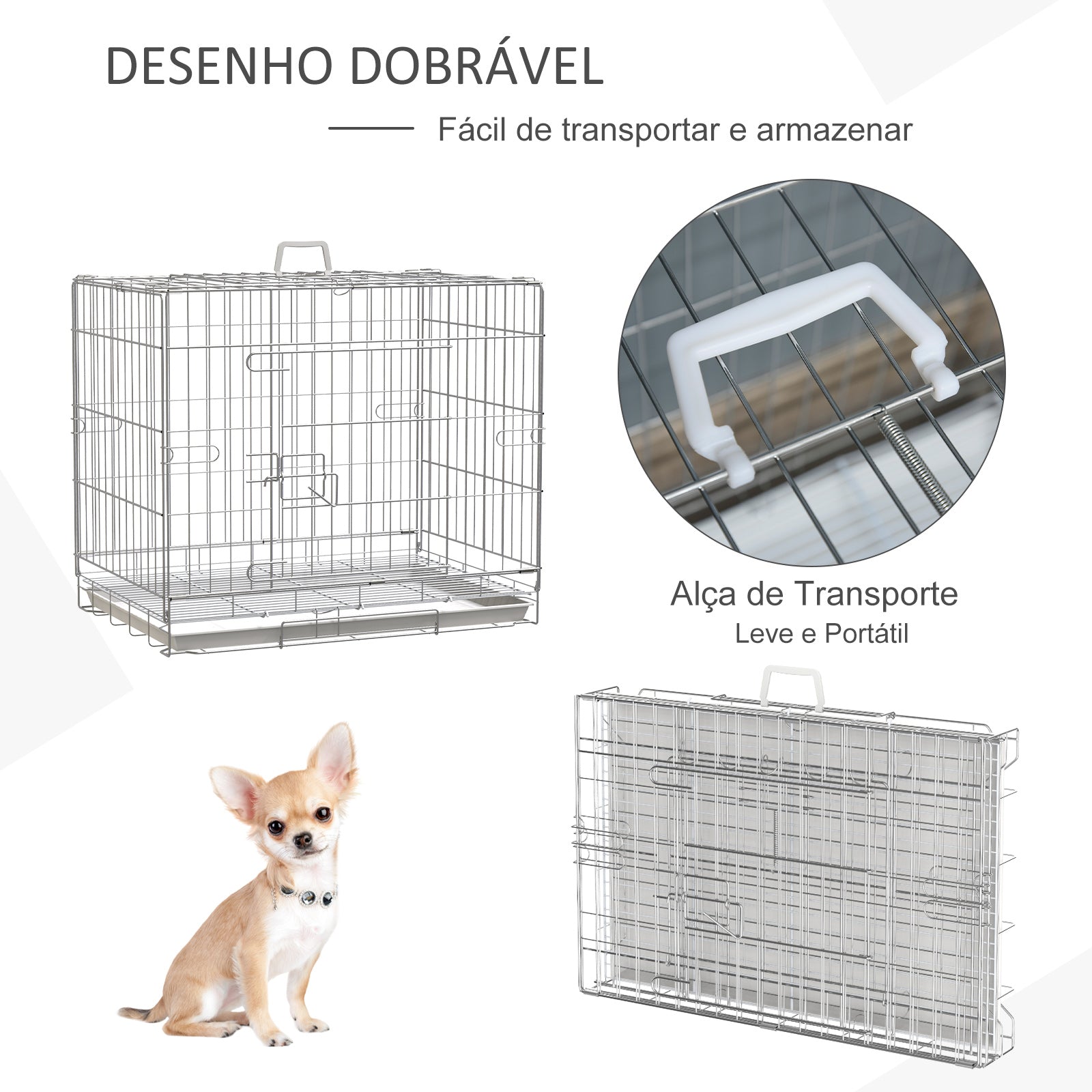 Gaiola Metálica 61x43x50 cm Prata e Branco para Cães