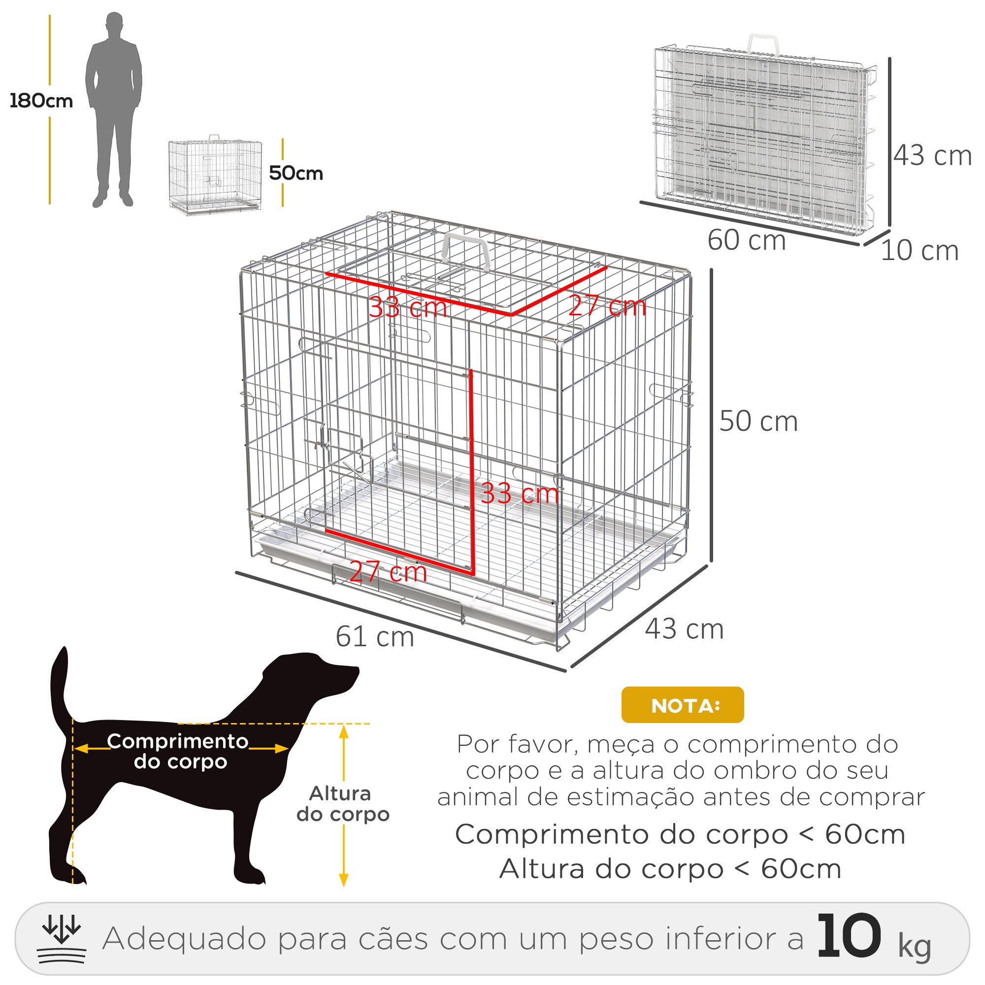 Gaiola Metálica 61x43x50 cm Prata e Branco para Cães