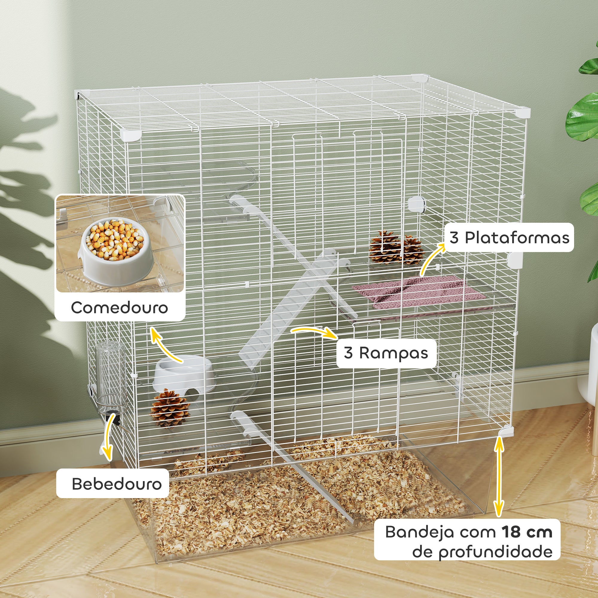 Gaiola para Pequenos Animais de 4 Níveis 73x47x80 cm - Branco