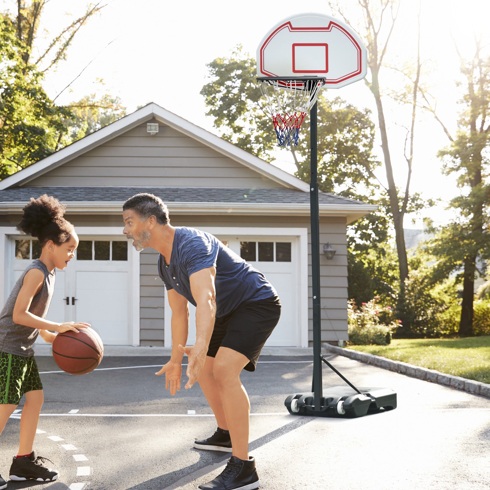 Cesta de Basquetebol Dobrável e Ajustável em Altura 150-210 cm - Preto, Vermelho e Branco