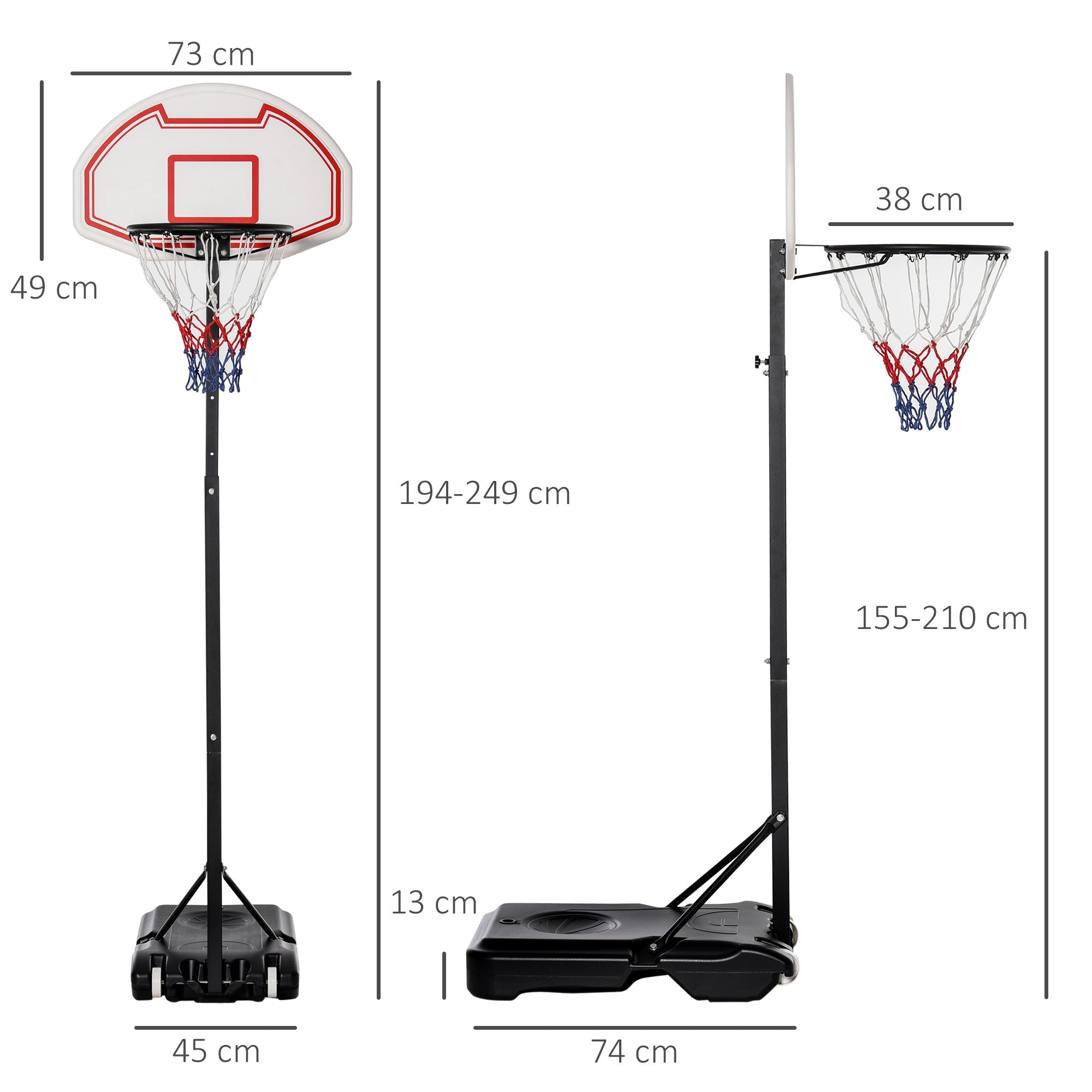 Cesta de Basquetebol Dobrável e Ajustável em Altura 150-210 cm - Preto, Vermelho e Branco