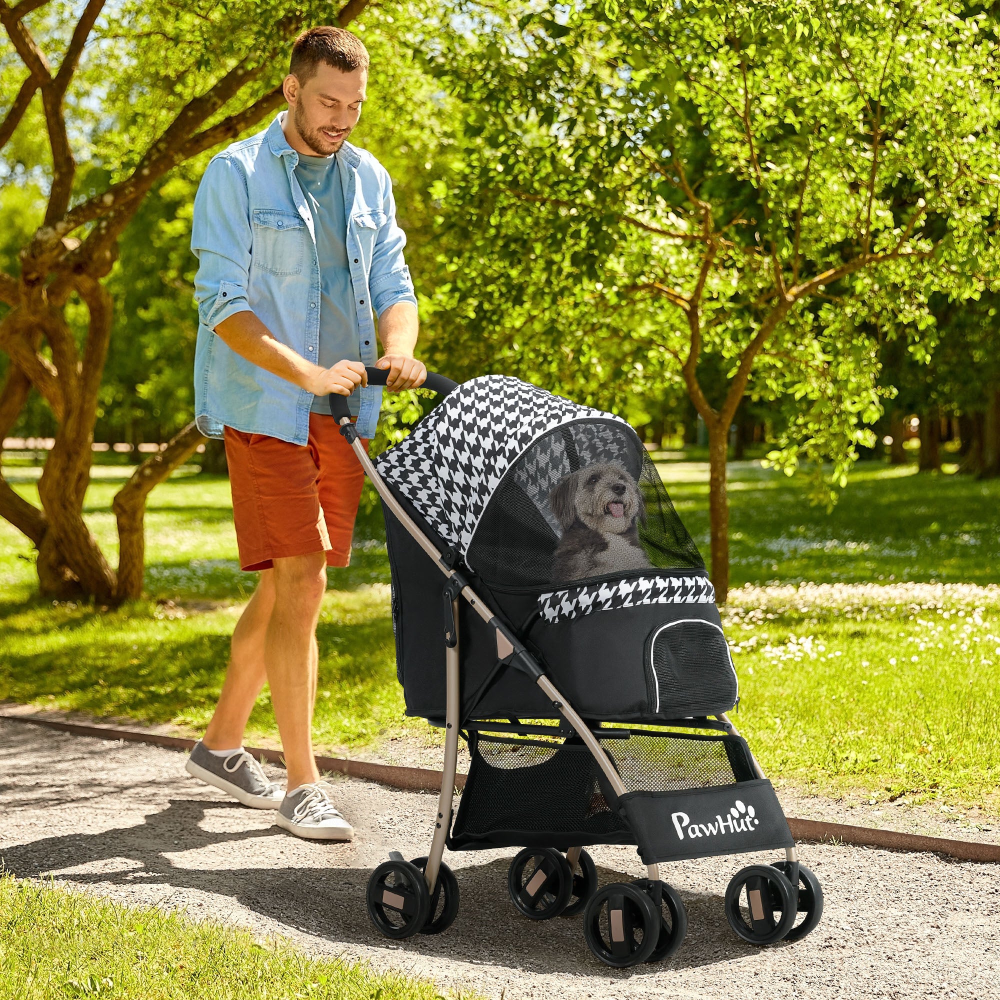 Carrinho para Cães Pequenos – 80x44,5x97 cm – Cor Preto – Tecido Oxford, Aço, Plástico, EVA