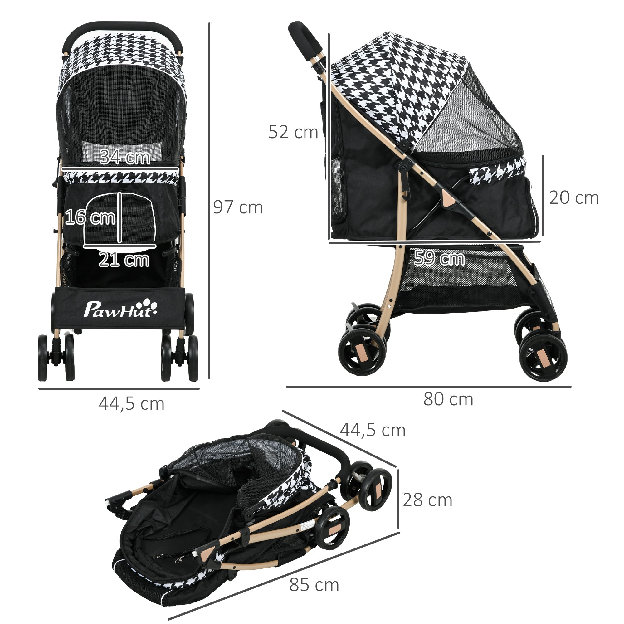 Carrinho para Cães Pequenos – 80x44,5x97 cm – Cor Preto – Tecido Oxford, Aço, Plástico, EVA