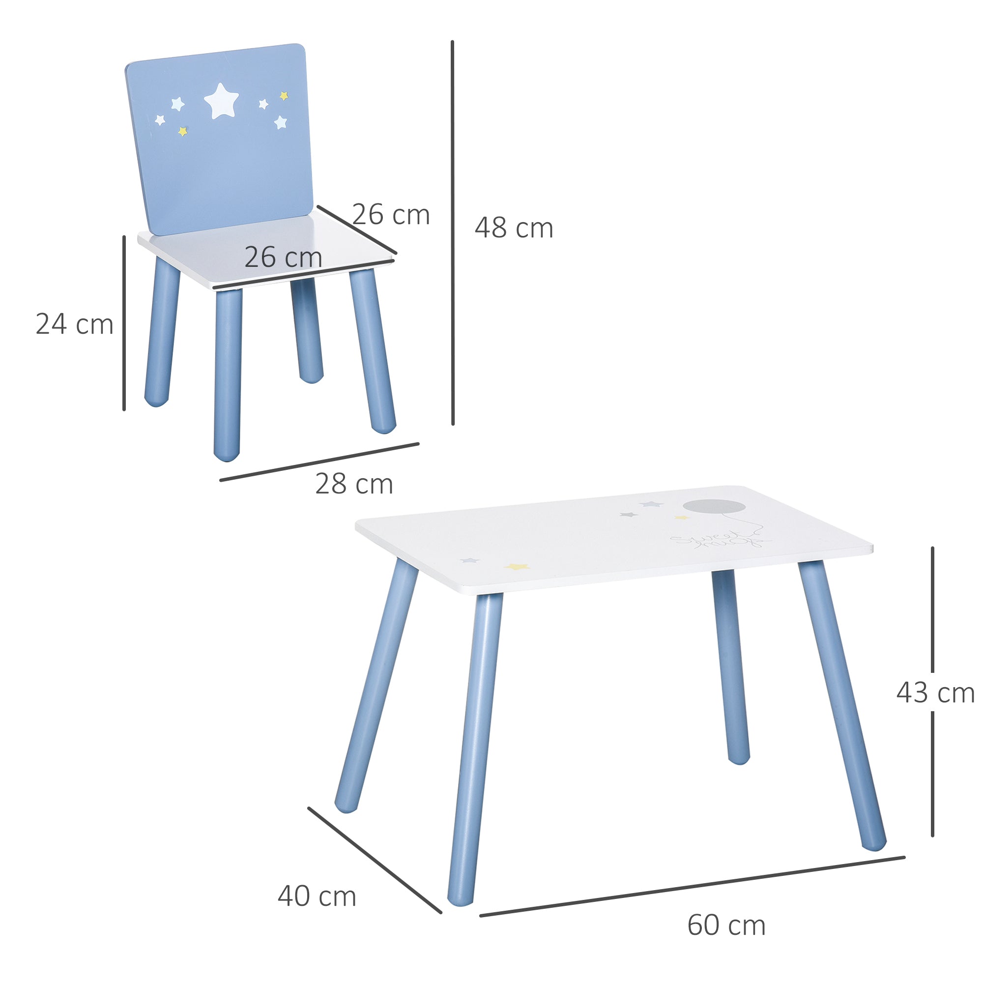 Conjunto de Mesa Infantil e 2 Cadeiras – 60x40x43 cm – Branco e Azul – MDF e Madeira de Pinho