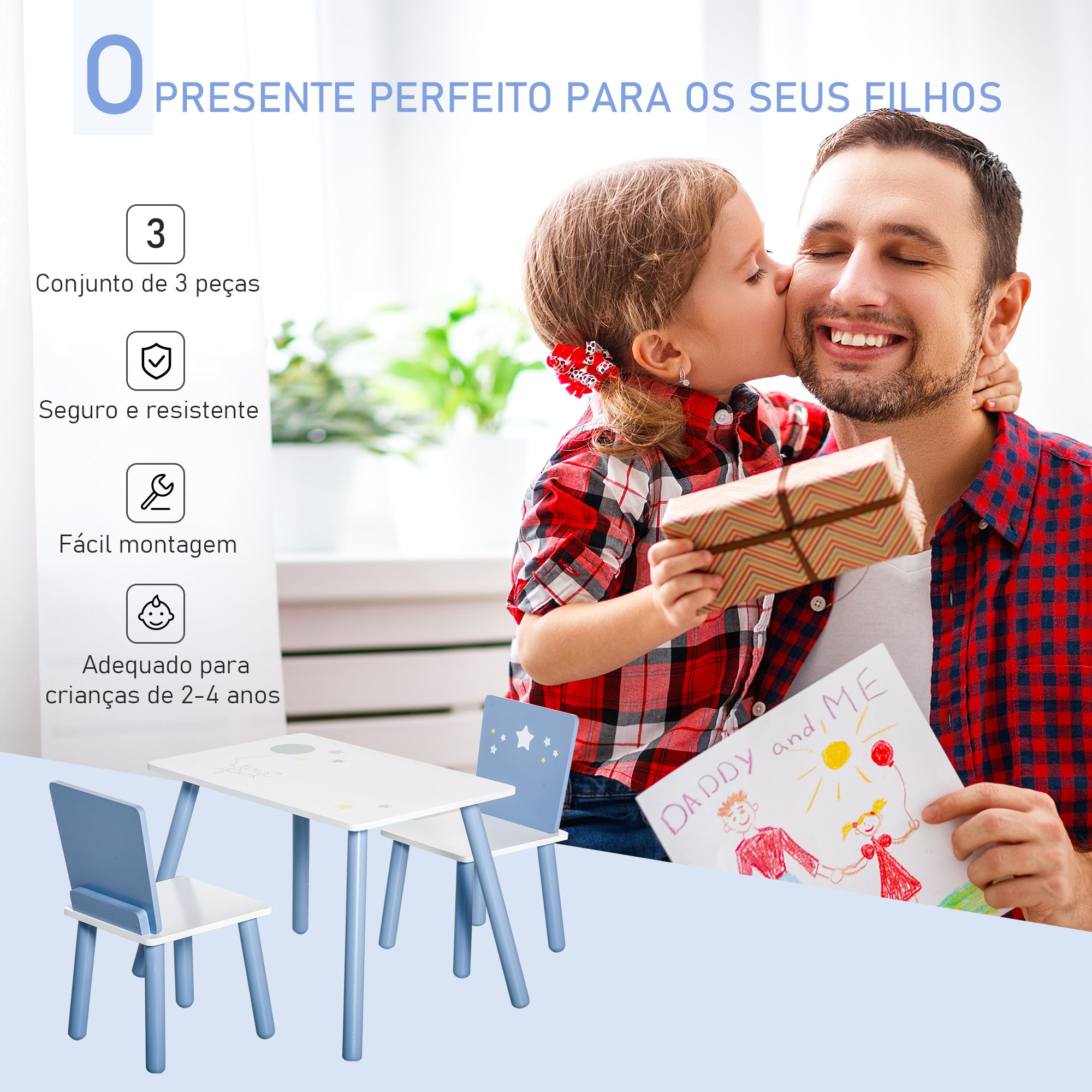 Conjunto de Mesa Infantil e 2 Cadeiras – 60x40x43 cm – Branco e Azul – MDF e Madeira de Pinho