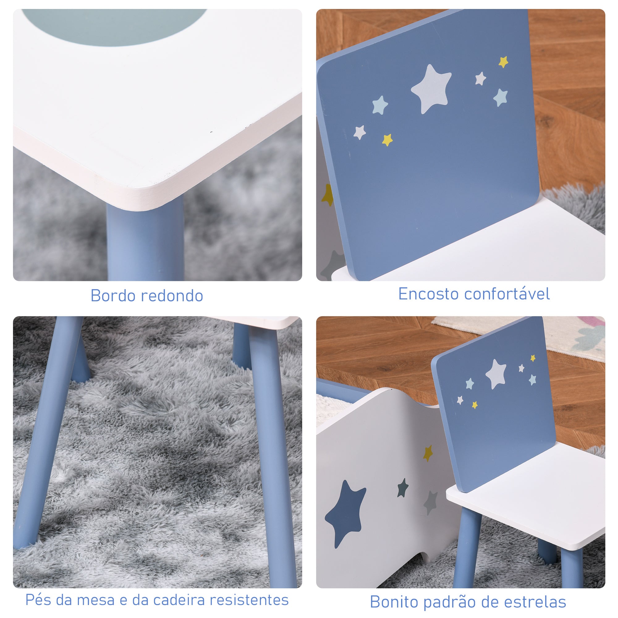 Conjunto de Mesa Infantil e 2 Cadeiras – 60x40x43 cm – Branco e Azul – MDF e Madeira de Pinho