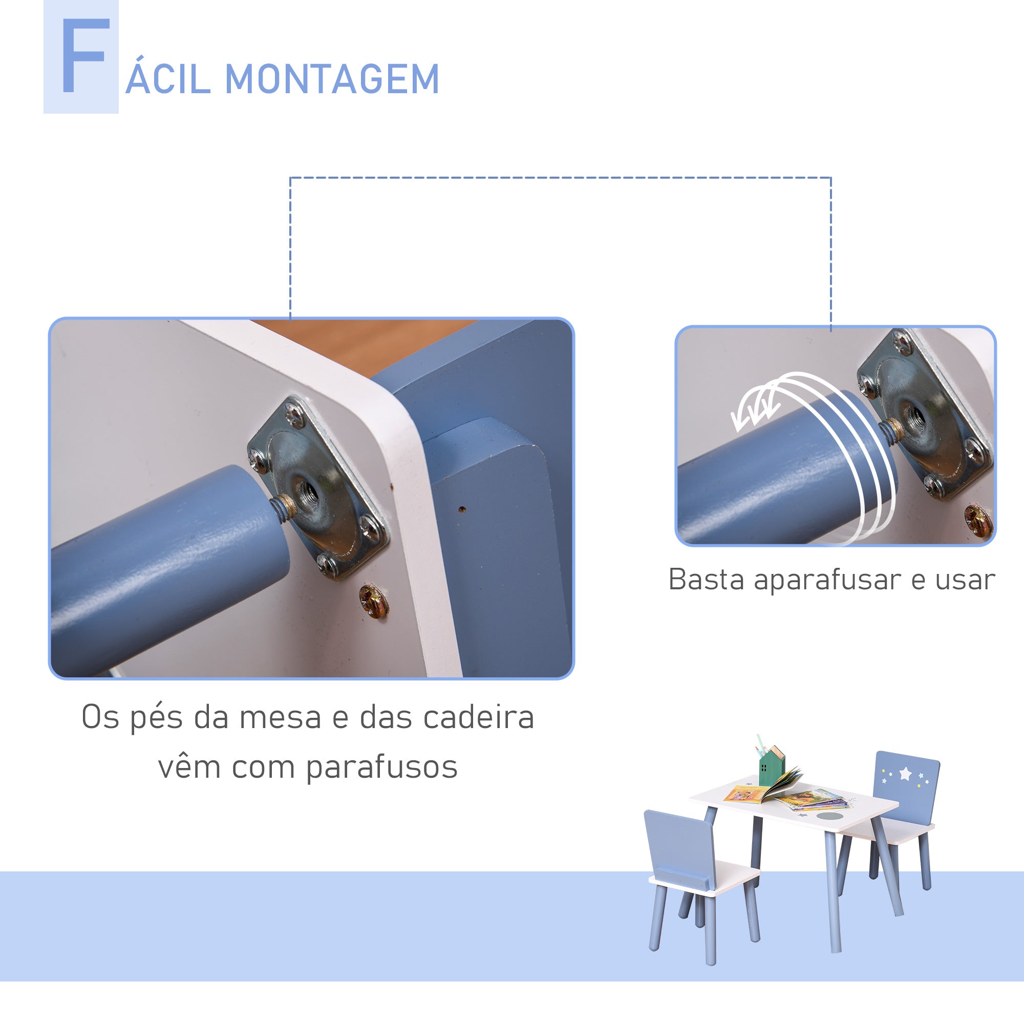 Conjunto de Mesa Infantil e 2 Cadeiras – 60x40x43 cm – Branco e Azul – MDF e Madeira de Pinho