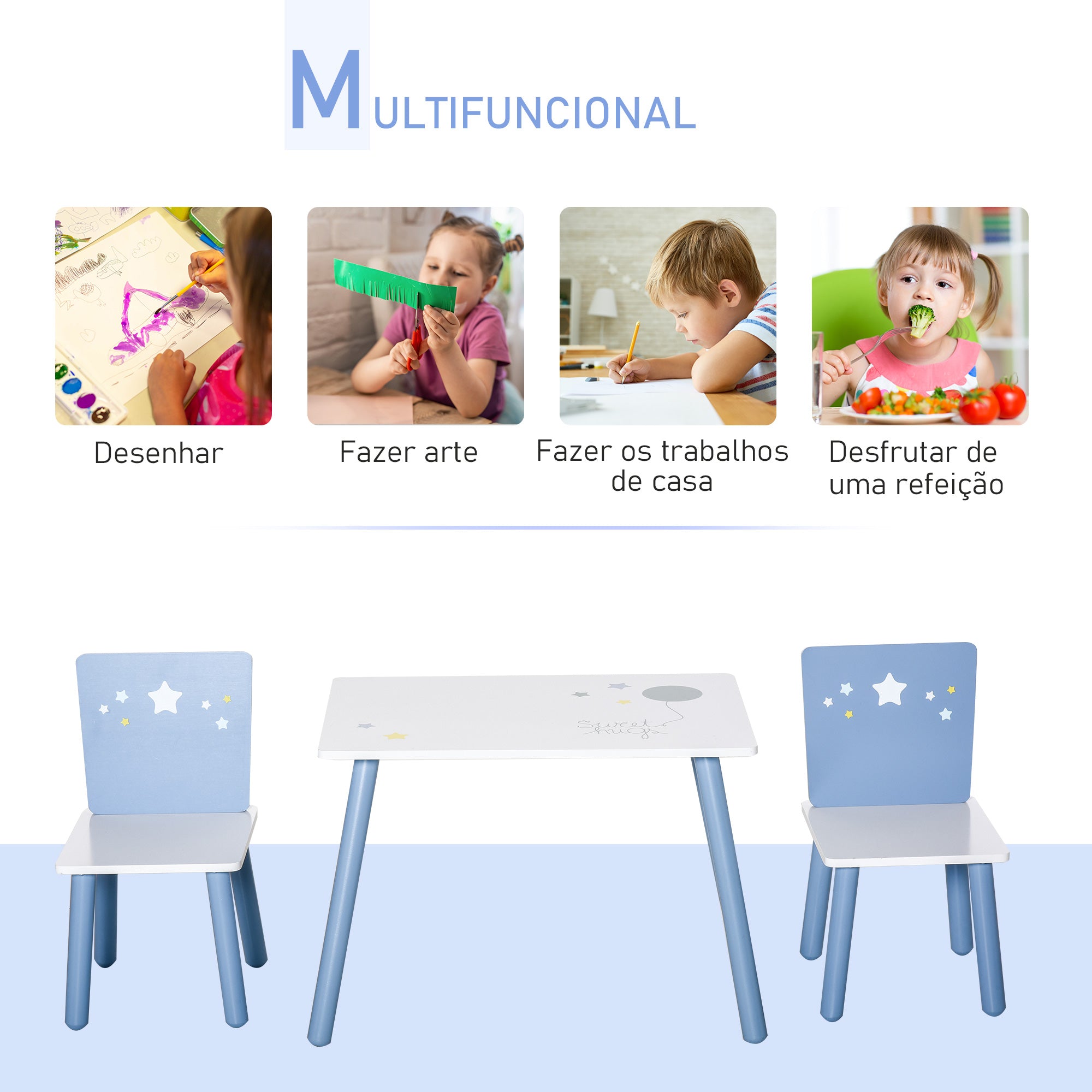 Conjunto de Mesa Infantil e 2 Cadeiras – 60x40x43 cm – Branco e Azul – MDF e Madeira de Pinho