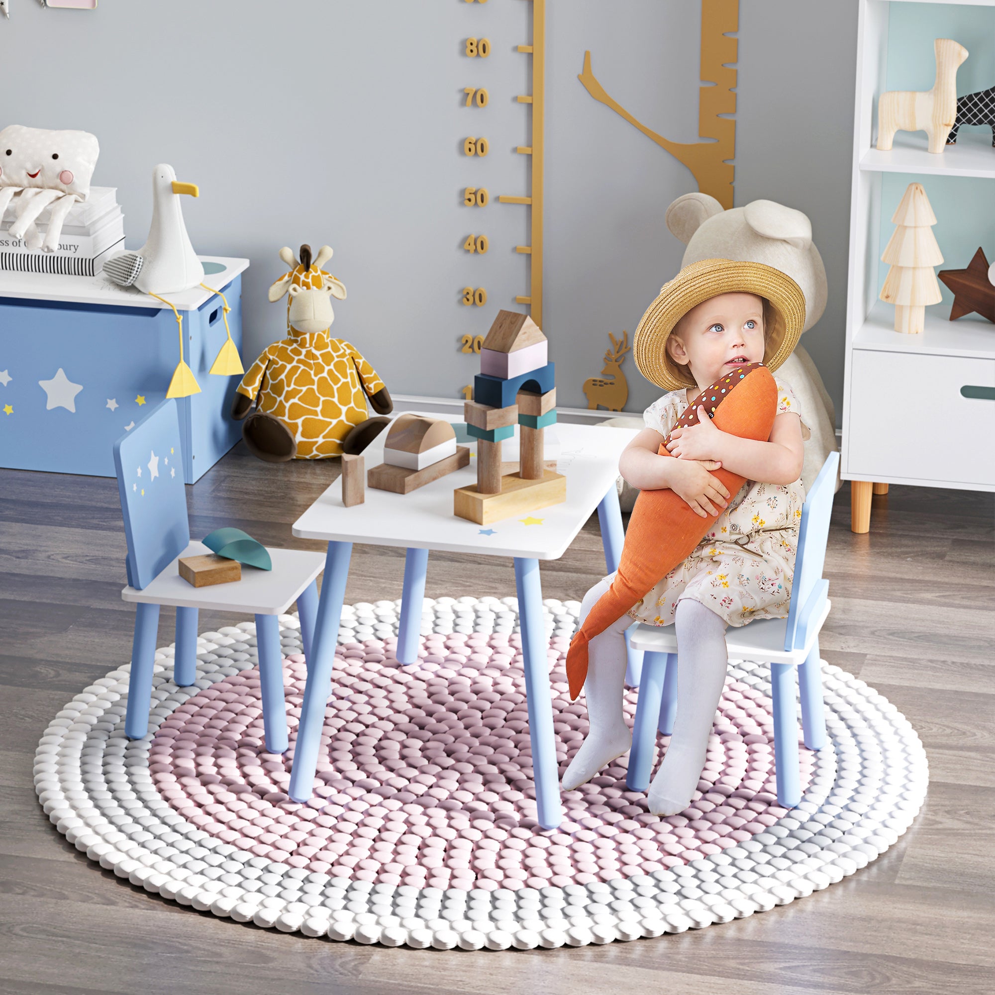 Conjunto de Mesa Infantil e 2 Cadeiras – 60x40x43 cm – Branco e Azul – MDF e Madeira de Pinho