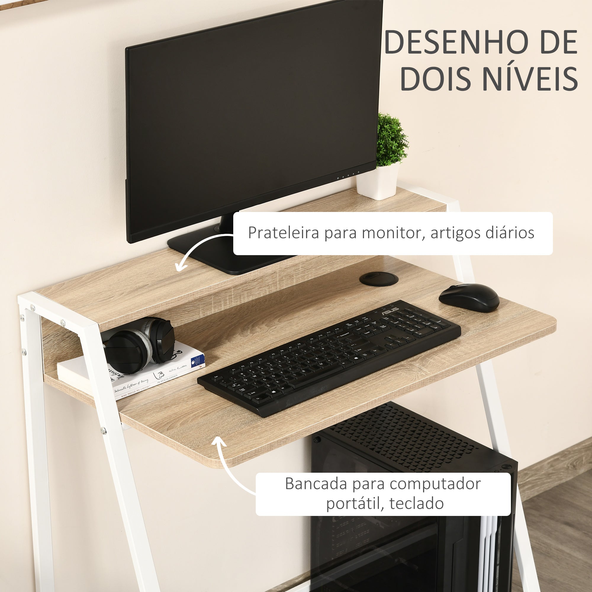 Secretária Mesa de Computador 84x45x85cm Carvalho e Branco