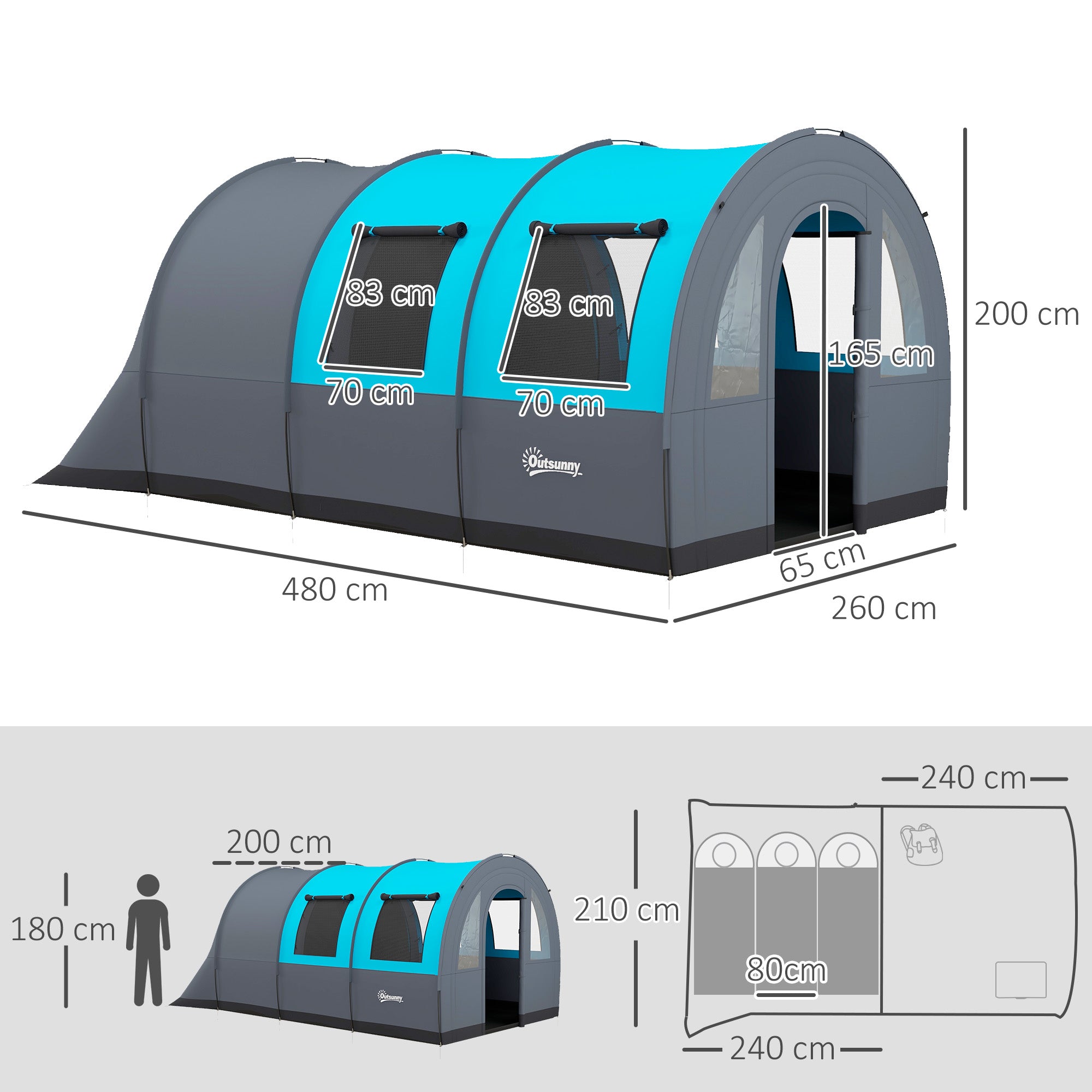 Tenda de Campismo Familiar para 5-6 Pessoas 480x260x200 cm Cinza e Azul