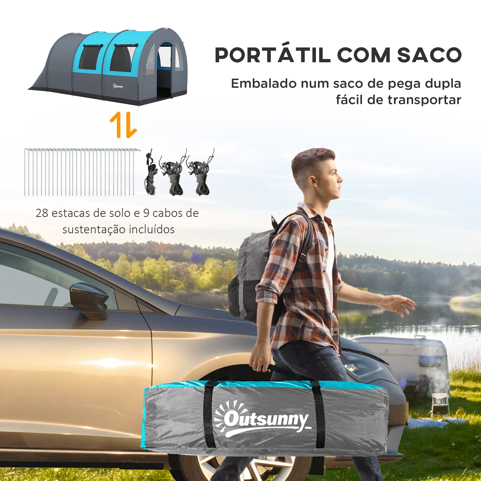 Tenda de Campismo Familiar para 5-6 Pessoas 480x260x200 cm Cinza e Azul