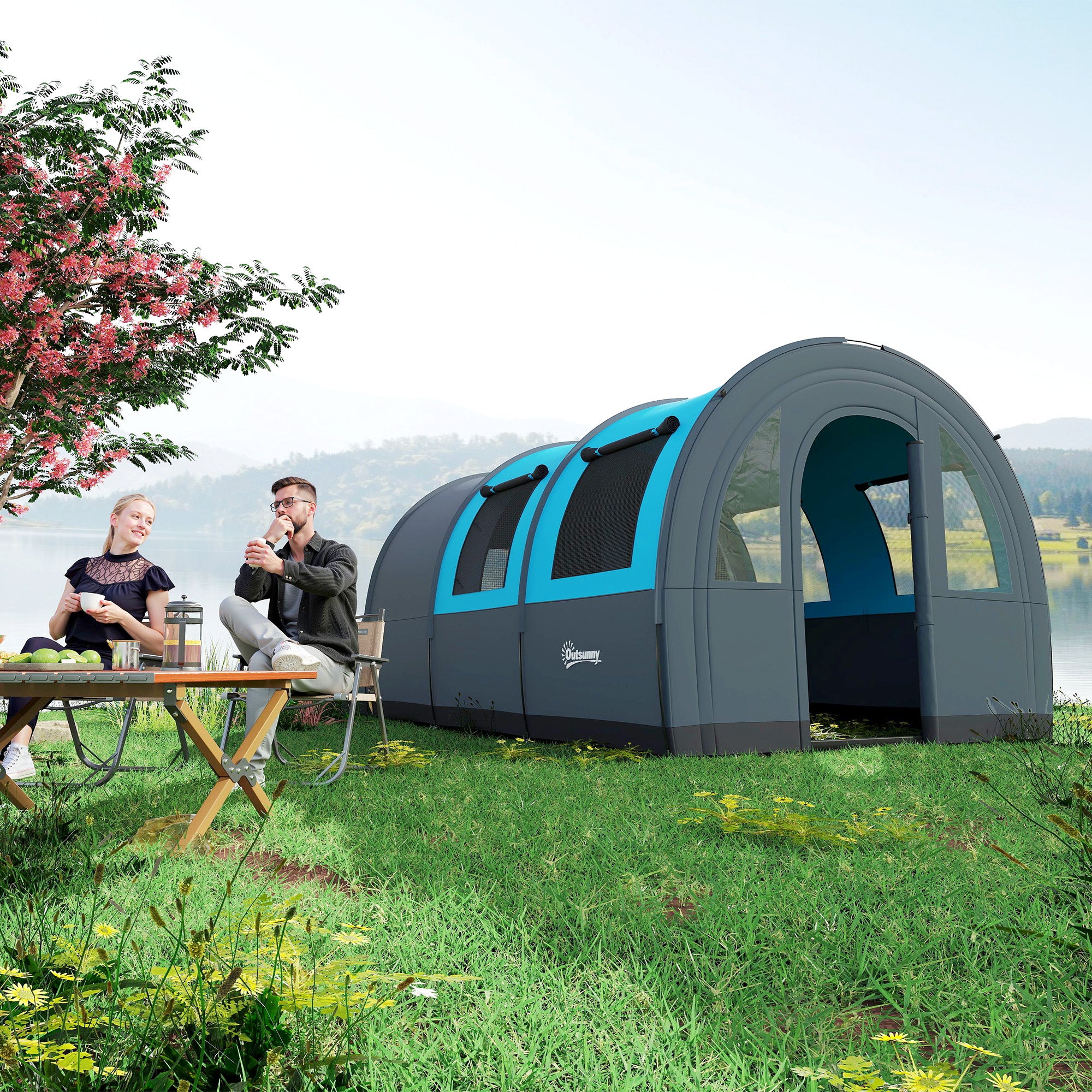 Tenda de Campismo Familiar para 5-6 Pessoas 480x260x200 cm Cinza e Azul