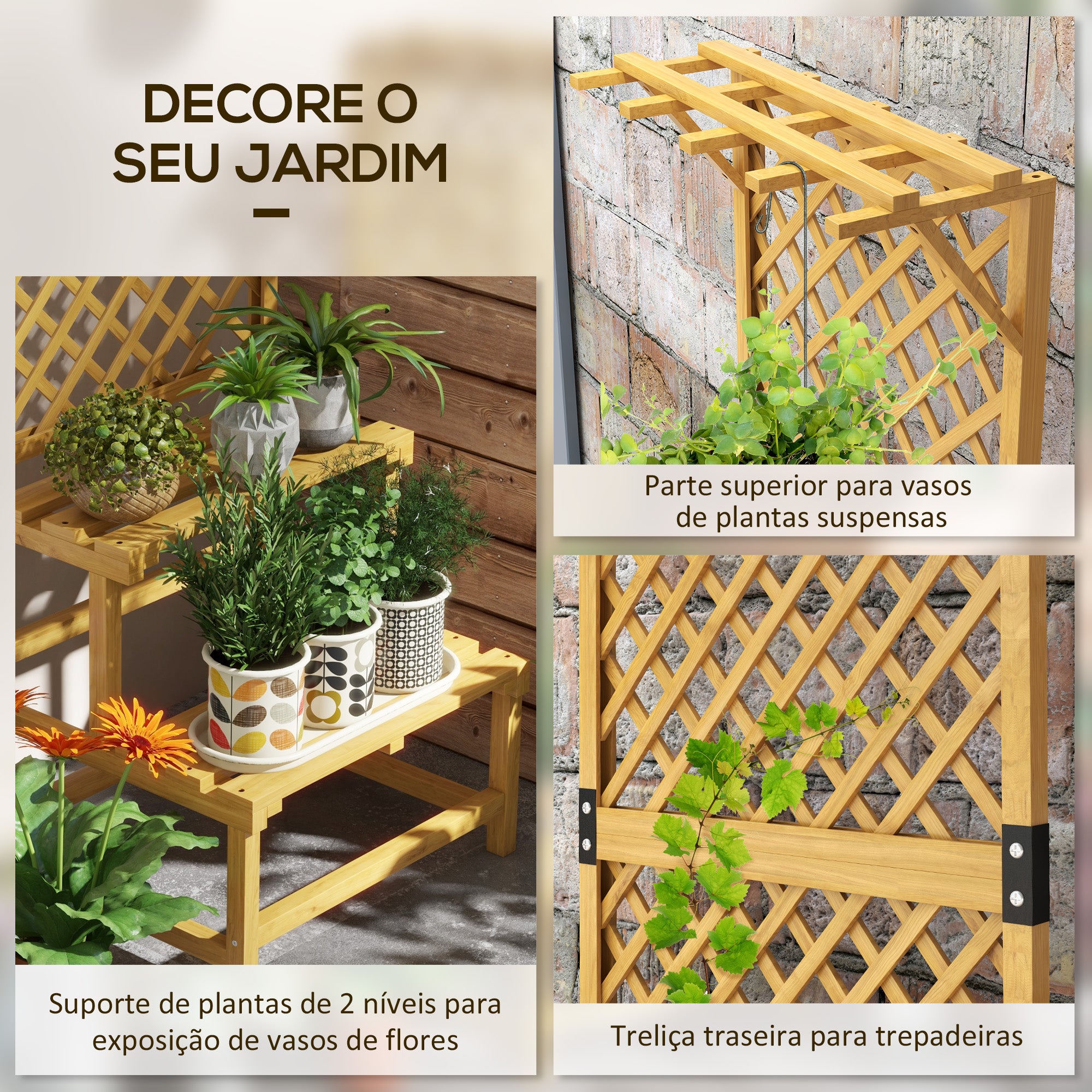 Suporte para Plantas de Madeira – 60x50x166 cm – Cor de Madeira Natural