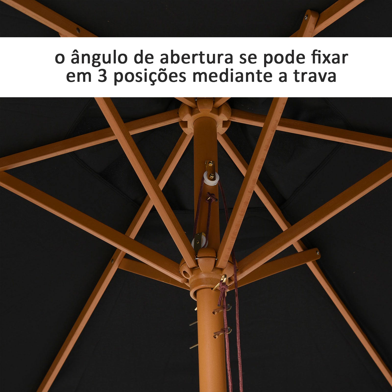 Chapéu de Sol Ø250x230 cm Preto para Exterior - Estrutura de Madeira e Poliéster