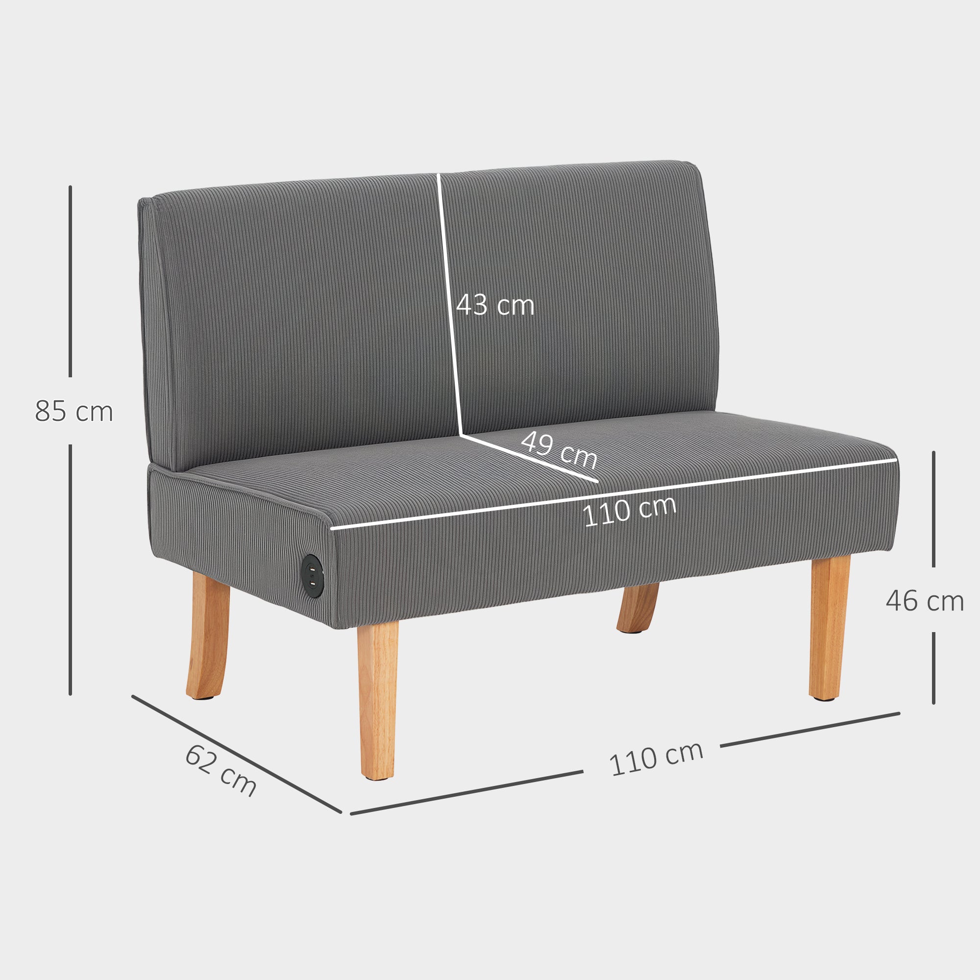 Sofá de 2 Lugares em Veludo Cinzento 110x62x85 cm