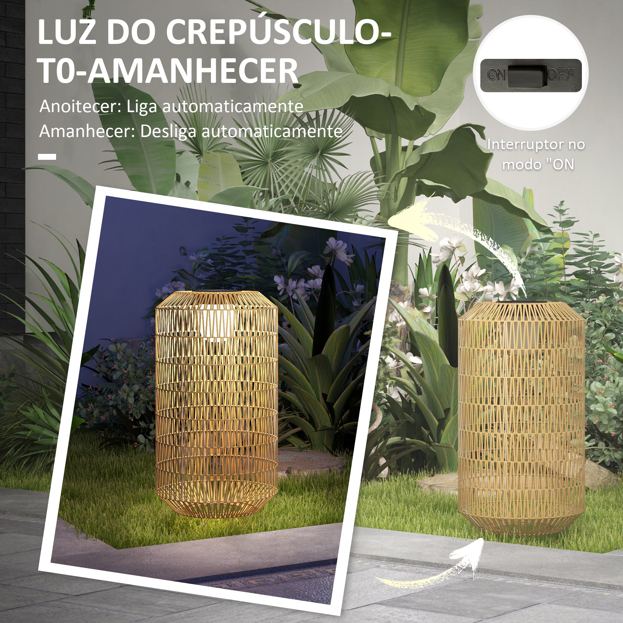 Candeeiro Solar para Exterior em Vime Sintético Ø30x55 cm - Cor Madeira